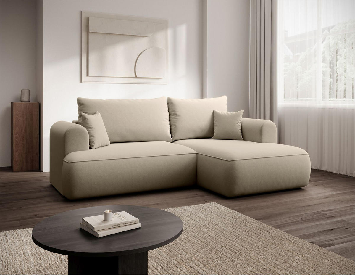 ECKSCHLAFSOFA Ovo Mini Hellbeige Easy-Clean-Samtbezug - Ecru/Schwarz, Kunststoff/Textil (238/156cm) - Selsey