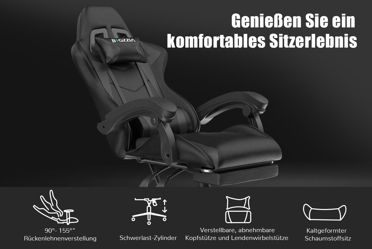 GAMING-STUHL höhenverstellbar, Fußstütze, Lendenkissen – Schwarz - Schwarz, Leder (50/134/50cm) - Rattantree