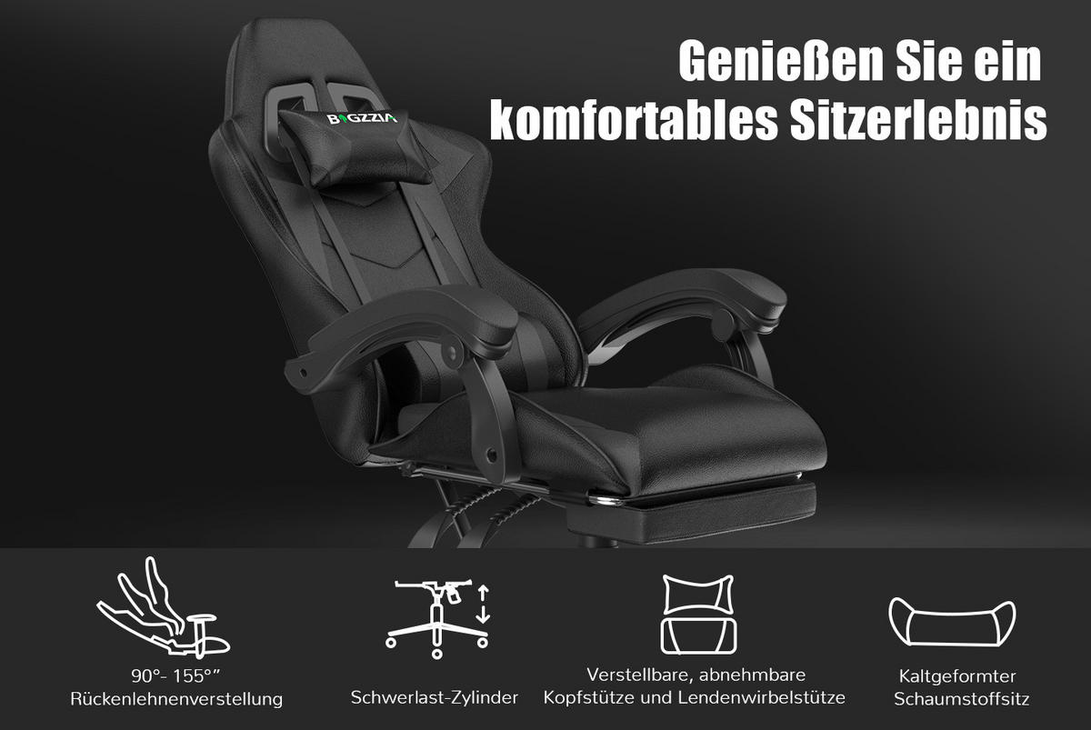 GAMING-STUHL höhenverstellbar, Fußstütze, Lendenkissen – Schwarz - Schwarz, Leder (50/134/50cm) - Rattantree