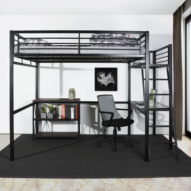 HOCHBETT Metall Schwarz 140x200 cm – Loftbett mit Arbeitsbereich, Leiter und Sicherheitsgeländer - Schwarz, Metall (145.5/201cm) - Meubles Cosy