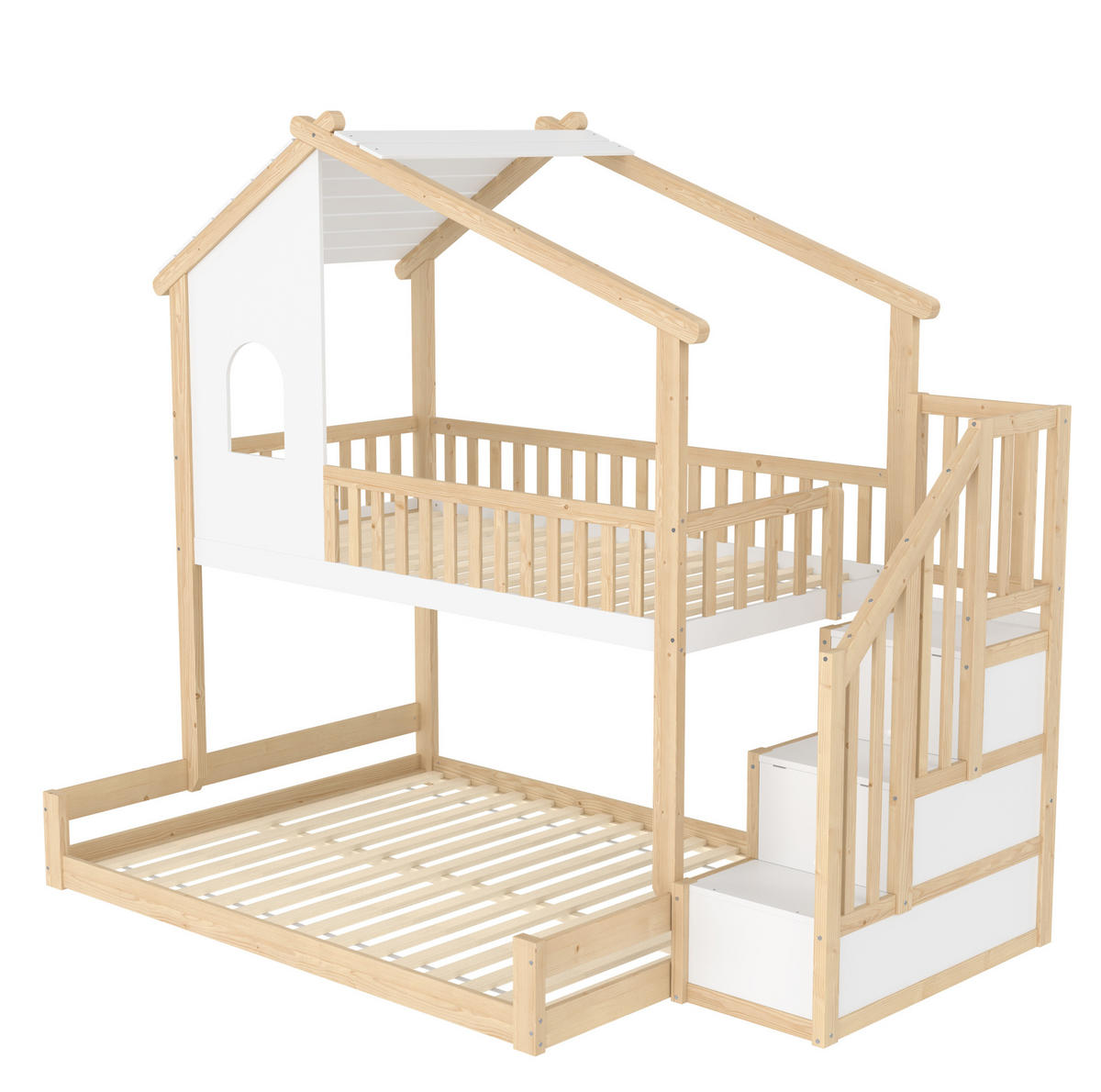 ETAGENBETT mit Bettgitter und Stauraumleiter, Natur/Weiß, 90/140/200 cm - Naturfarben, Holz (140/200cm) - MIVRAY
