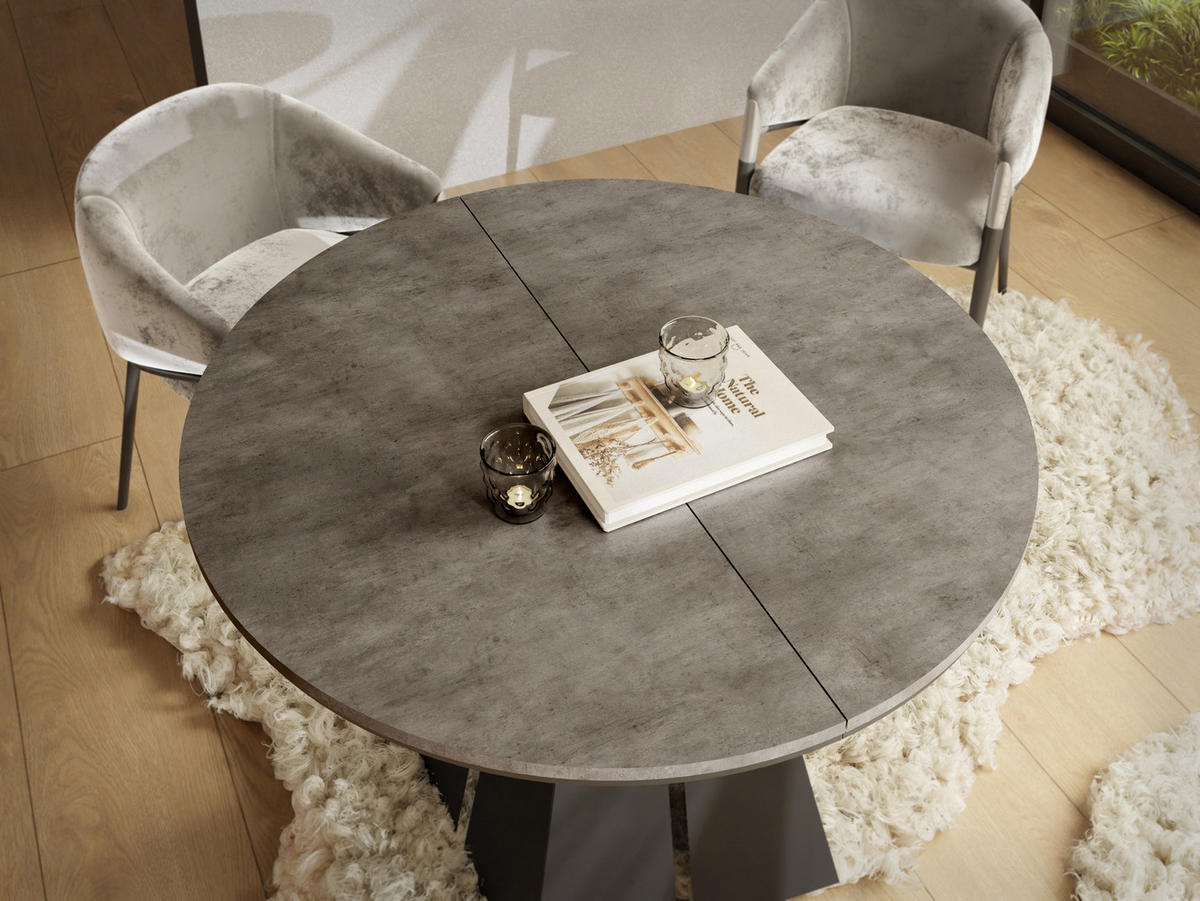 ESSTISCH Kova runder ausziehbarer, Dunkelgrauer Chicago Beton 120-200/120/76 cm - Dunkelgrau/Schwarz, Holzwerkstoff/Metall (120/120/76cm) - WFL GROUP