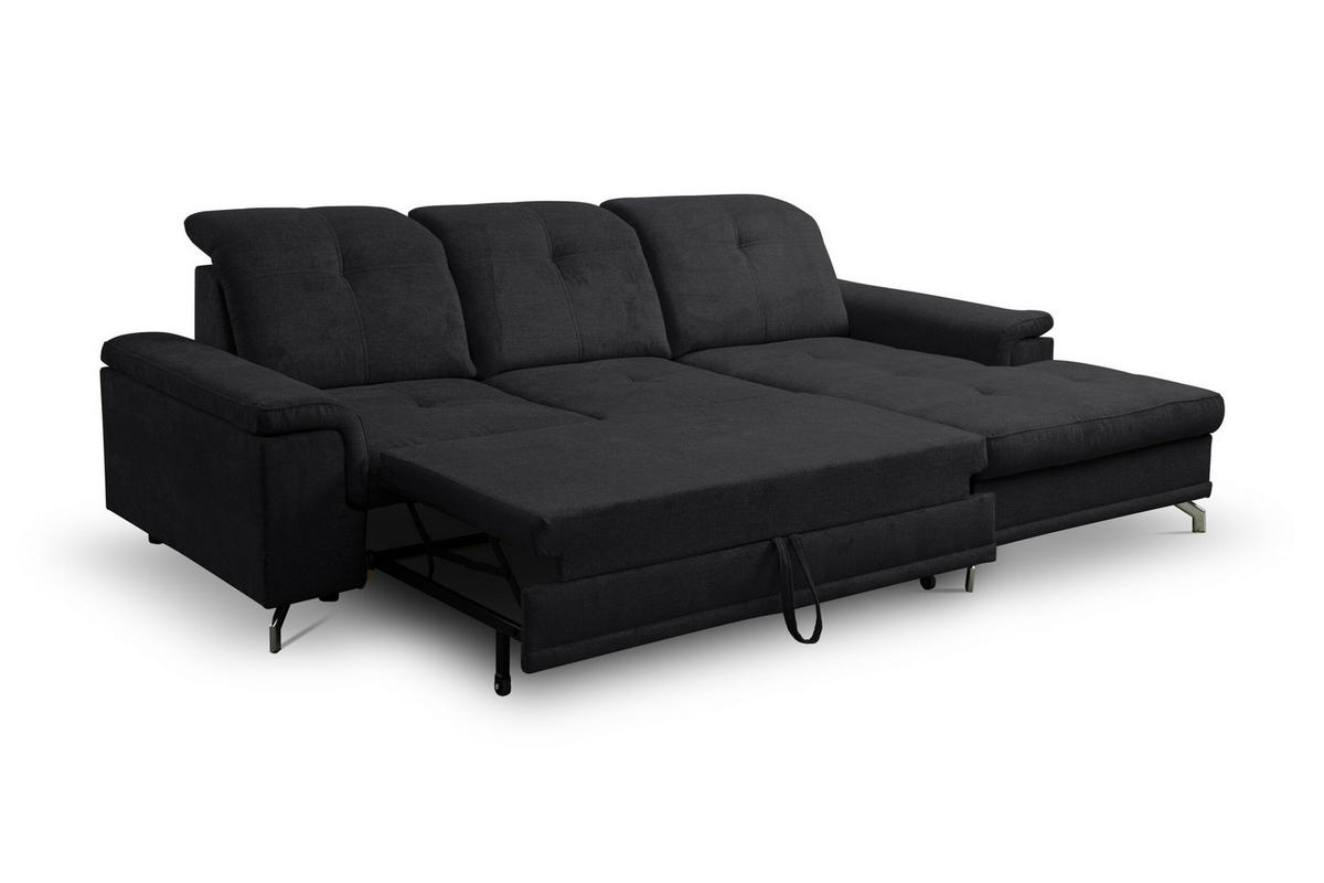 ECKSOFA PANAMA mit Schlaffunktion und Bettkasten, Farbe: Schwarz, Velourstoff, Ottomane Rechts - Schwarz, Textil (270/180cm) - VENASI MÖBEL