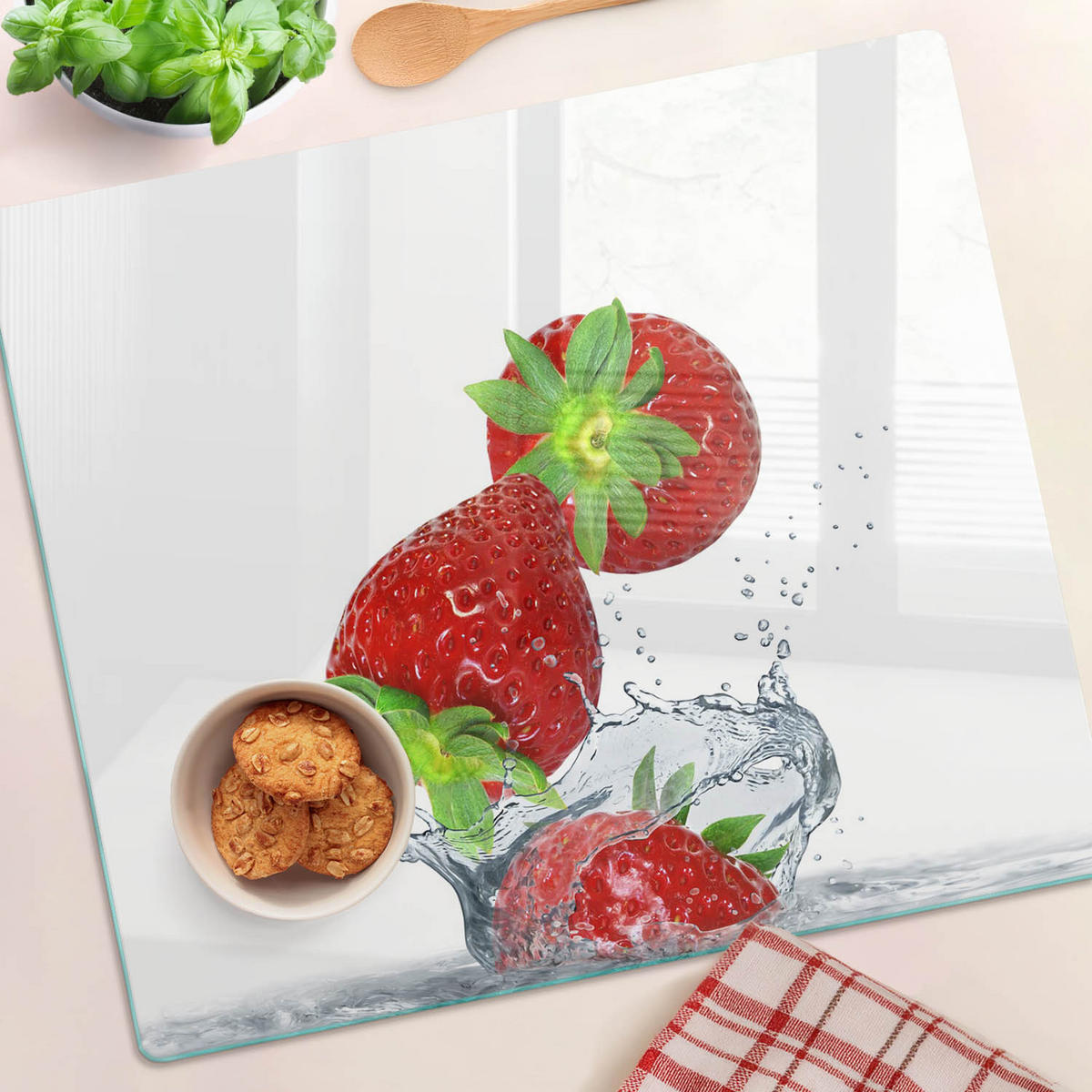 GLASPLATTE 60x52 cm Fallende Erdbeeren - Rot, Glas (60/0.4/52cm) - TULUP