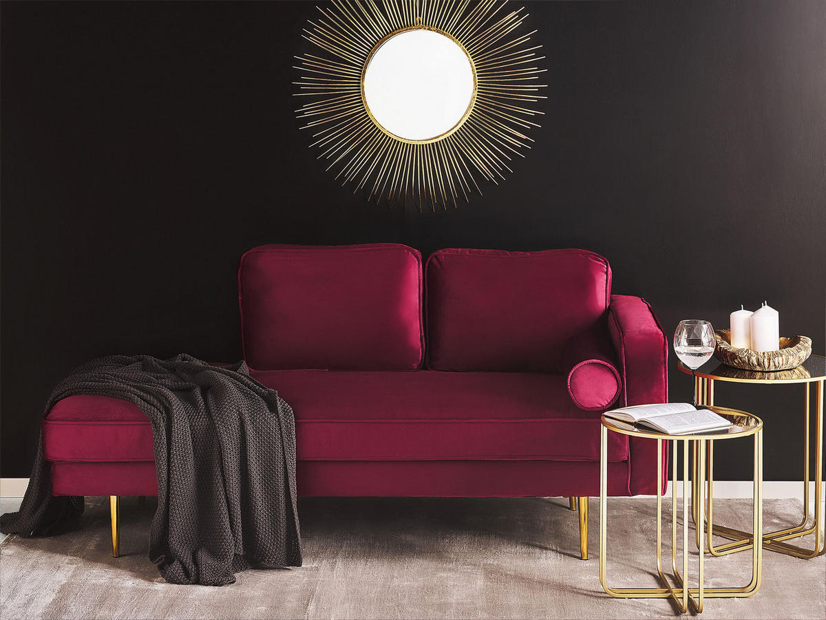 CHAISELONGUE Samtstoff dunkelrot rechtsseitig Miramas - Rot/Goldfarben, Textil (171/63/79cm) - Beliani