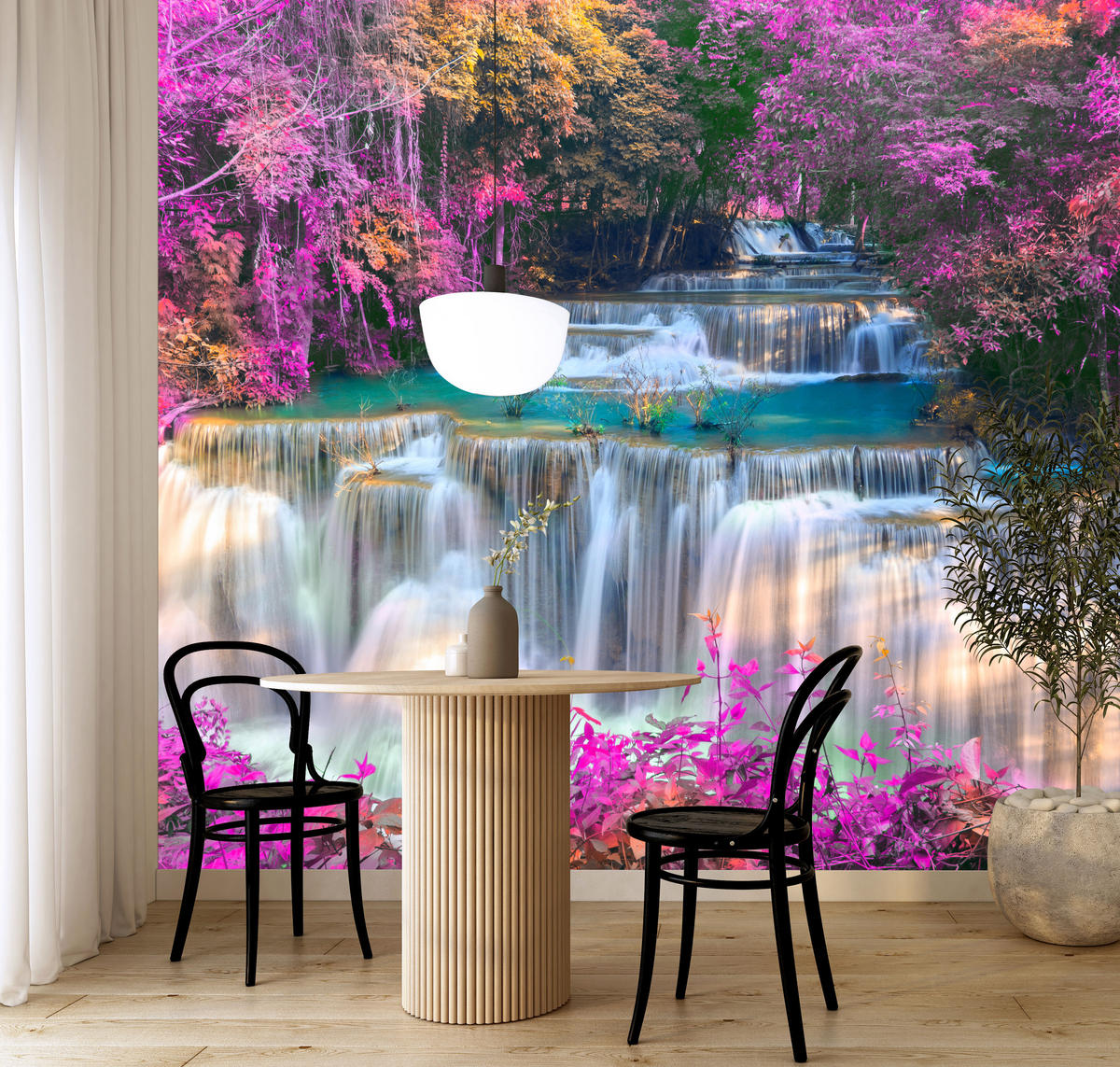 FOTOTAPETE für Schlafzimmer Wasserfall Pinker Wald Fantasie 500x350 - Türkis/Beige, Papier (500/350cm) - Muralo