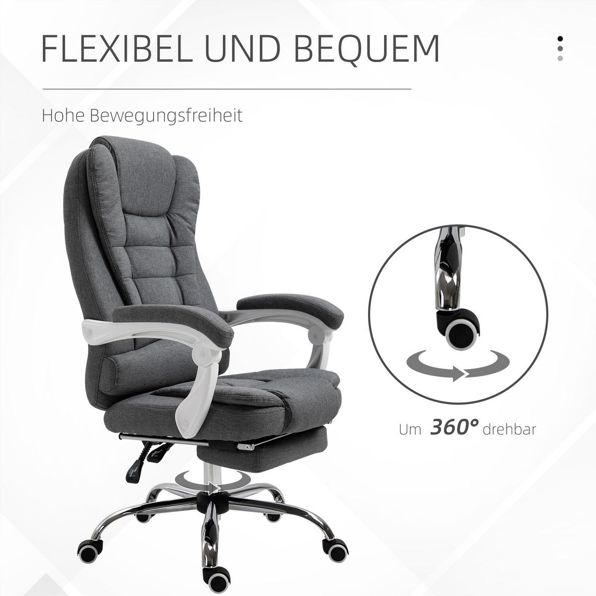 BÜROSTUHL höhenverstellbarer Schreibtischstuhl mit Fußstütze, Leinenoptik Grau - Grau, Metall (70/118/65cm) - Vinsetto