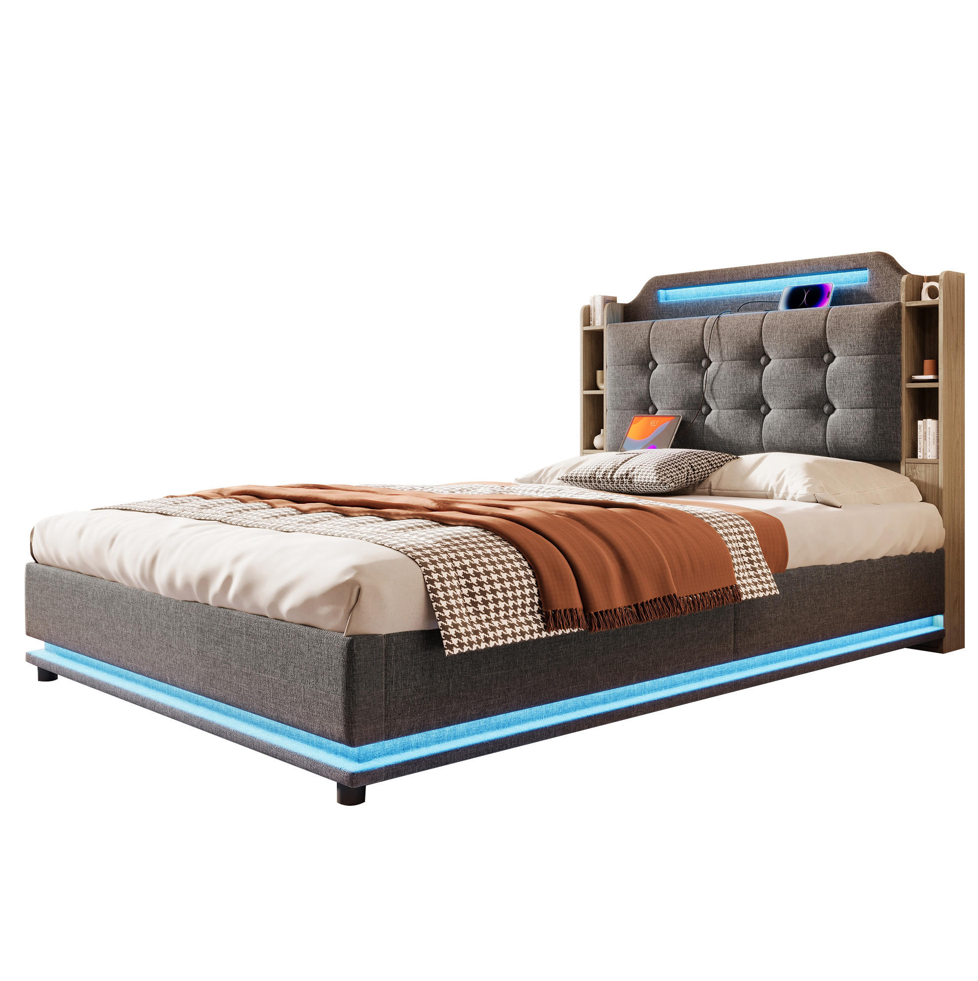 POLSTERBETT 140/200 cm Grau aus Leinen mit LED-Lichtleiste und Stauraum - Grau, Textil (140/200cm) - OKMYHOME