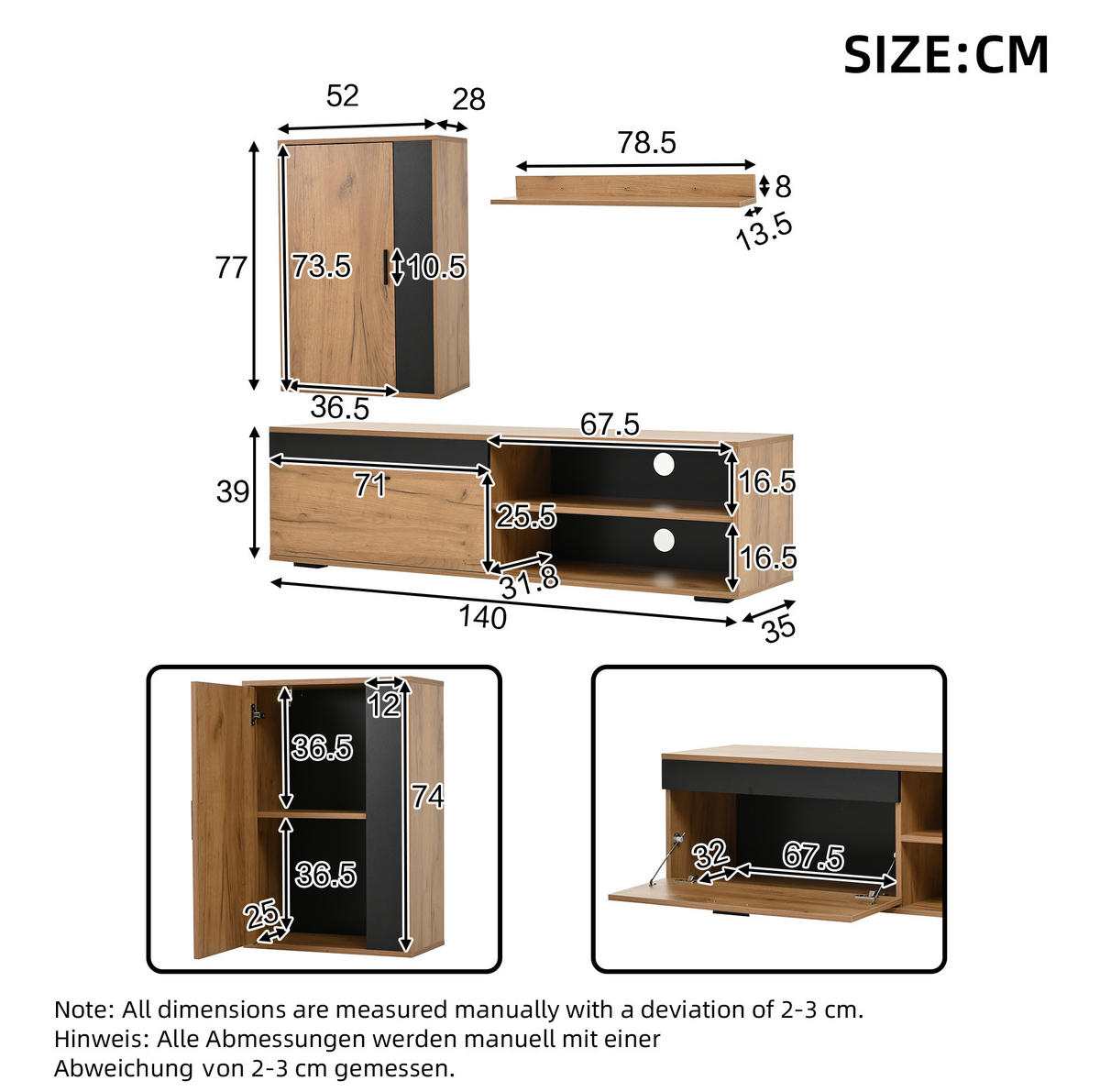TV-SCHRANK-SET 3-teilig in Eiche/Schwarz 140/35/39 cm (mit Wandschrank und Regal) - Eichefarben, Holzwerkstoff (140/116/35cm) - Redom