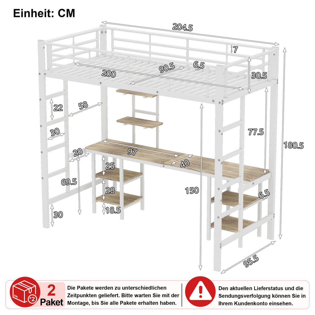 HOCHBETT 90/200 cm in Weiß mit Tisch und Regalen - Weiß, Holzwerkstoff/Metall (90/200cm) - CHICFURN