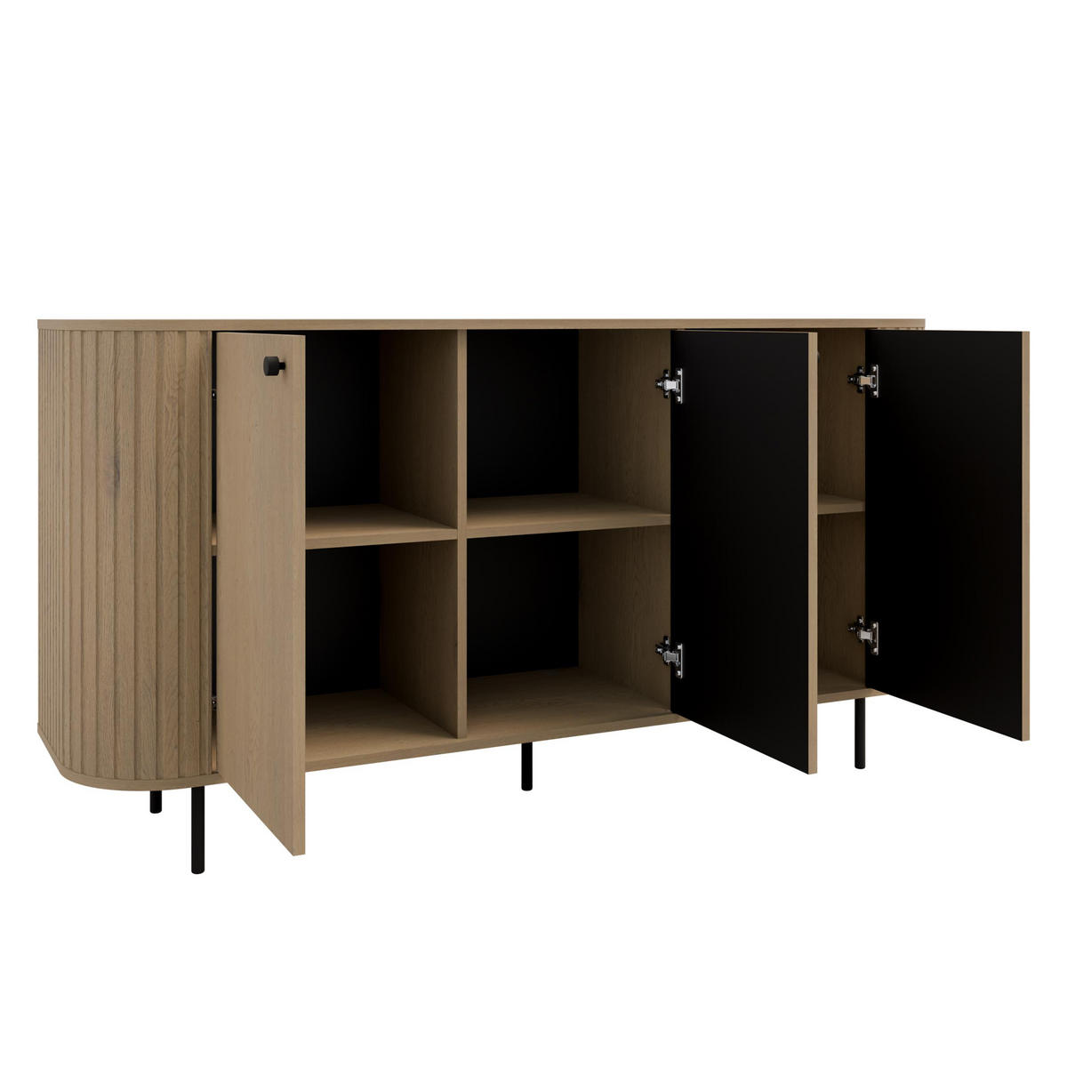 SIDEBOARD Halay Eiche Cremona, 3 Türen Moderne Rillenstruktur 164,6 cm, mit runden Kanten - Eichefarben/Schwarz, Holzwerkstoff/Metall (164.6/85.4/42.4cm) - AX Living