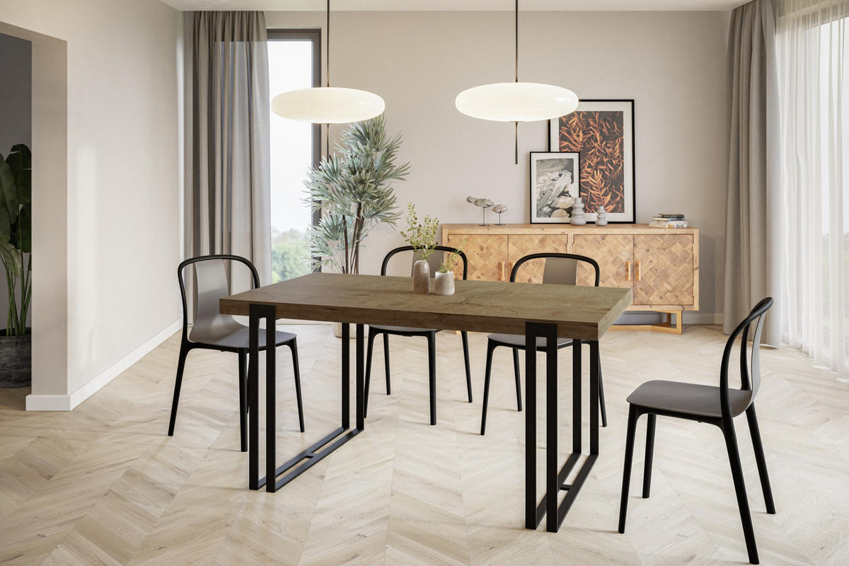 ESSZIMMERTISCH ROSA, ausziehbarer Tisch 180-280X90X77 cm, Farbe: LEFKAS, mit Metallbeinen in Farbe Schwarz - Dunkelbraun/Schwarz, Holzwerkstoff (180/90/77cm) - Alpi-Möbel