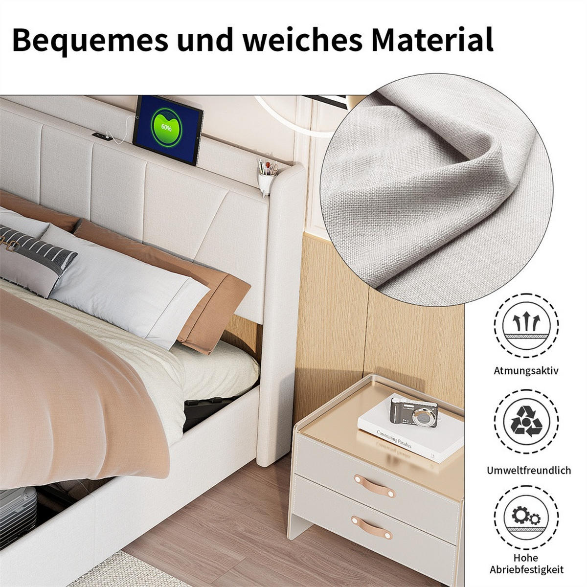 POLSTERBETT 140x200 cm - Hydraulisches Stauraumbett mit USB- und Type-C-Ladefunktion - ohne Matratze - Beige - Beige, Textil (140/200cm) - DELFA