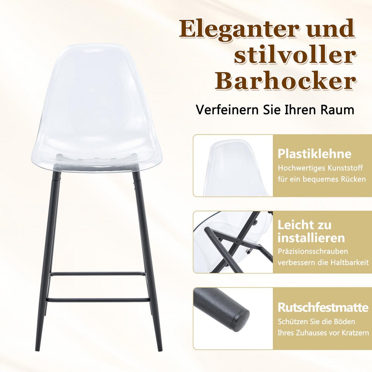 BARHOCKER Transparent mit Metallgestell - Schwarz, Kunststoff (45/102/51cm) - MIVRAY
