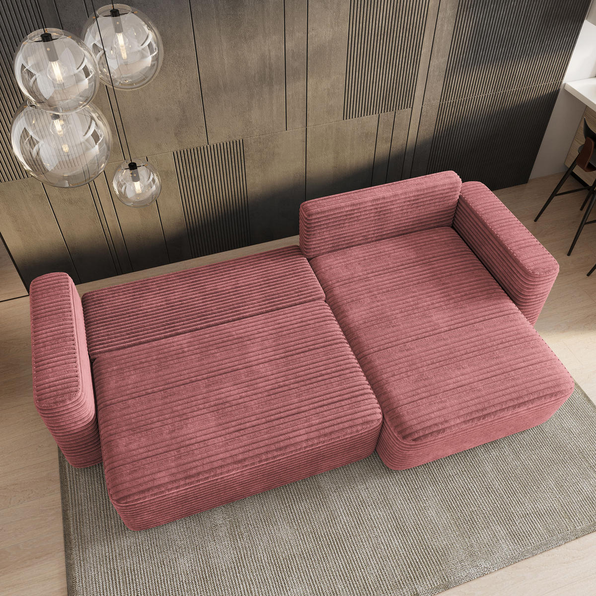 ECKSOFA TELIN Rosa Kordstoff mit Schlaffunktion - Rosa, Holz (280/162cm) - MASSENO