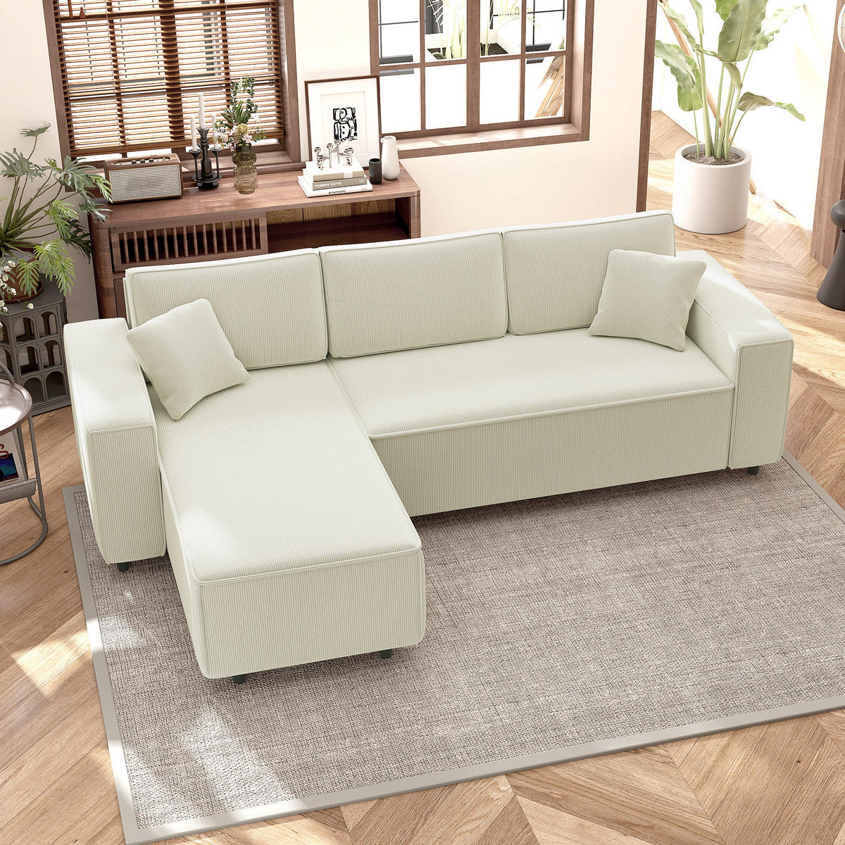 ECKSOFA Creme 3-Sitzer Cord 241/153/83 cm - Weiß, Textil (241/153cm) - PANGIVO