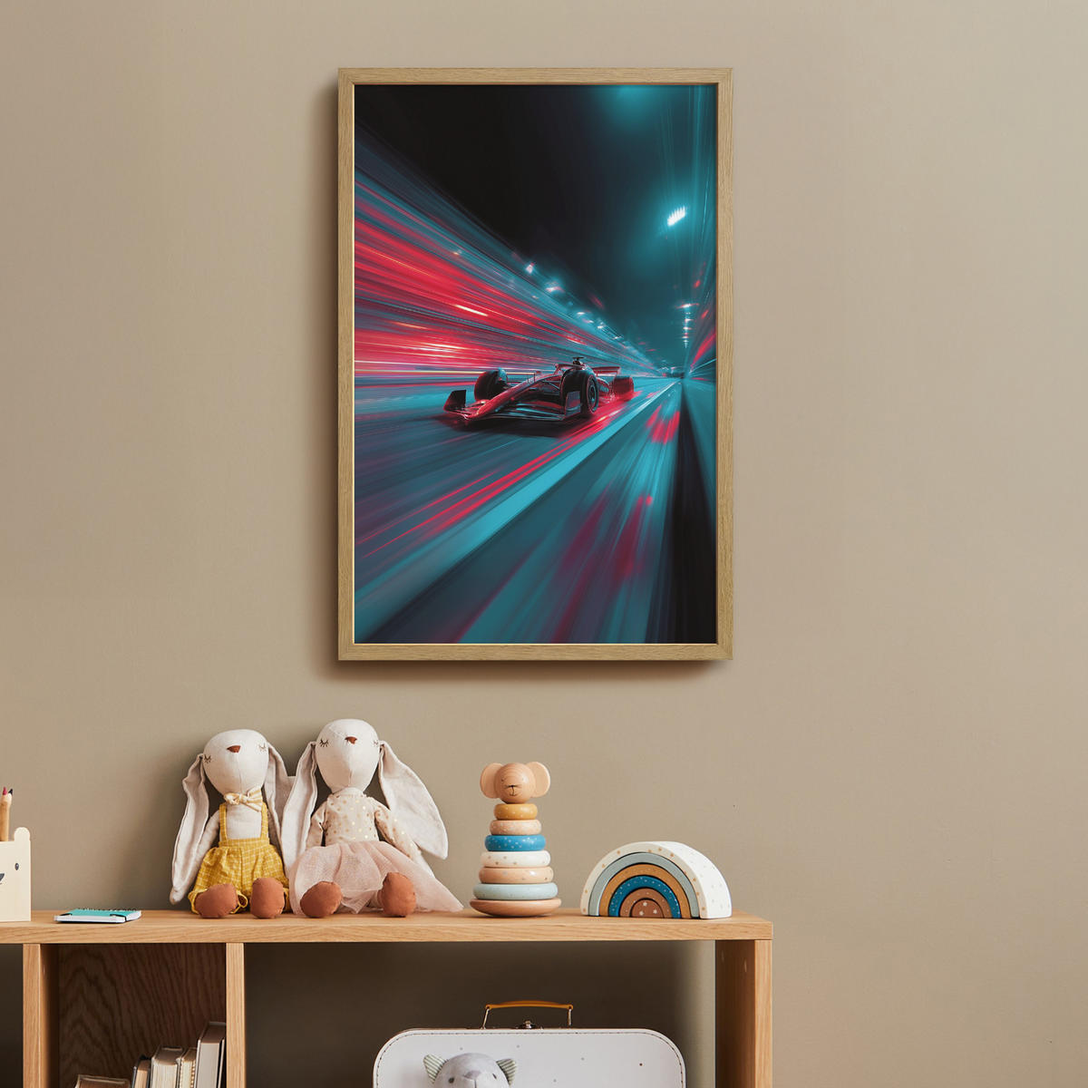 DOBÍJECÍ NOČNÍ LAMPIČKA Závodní auto - Červená - Rychlost 40x60 cm - tyrkysová, kompozitní dřevo (8/40/60cm) - OnlyWow