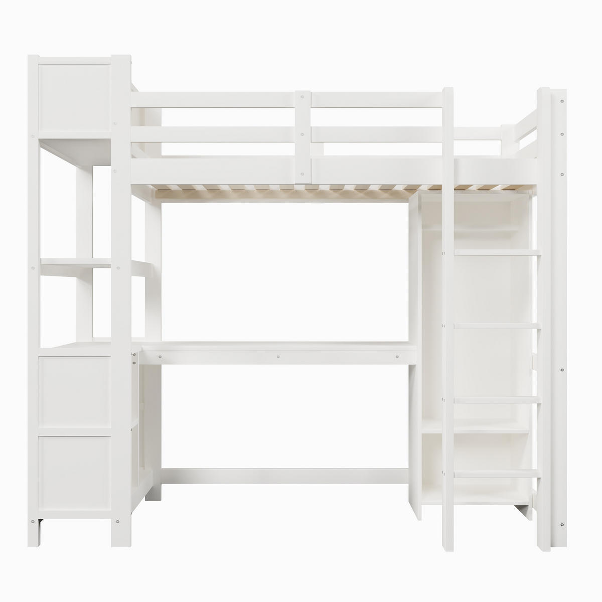 HOCHBETT 90/200 cm in Weiß mit Schreibtisch, Regalen und Kleiderschrank aus Kiefernholz - Weiß, Holz/Holzwerkstoff (90/200cm) - CHICFURN