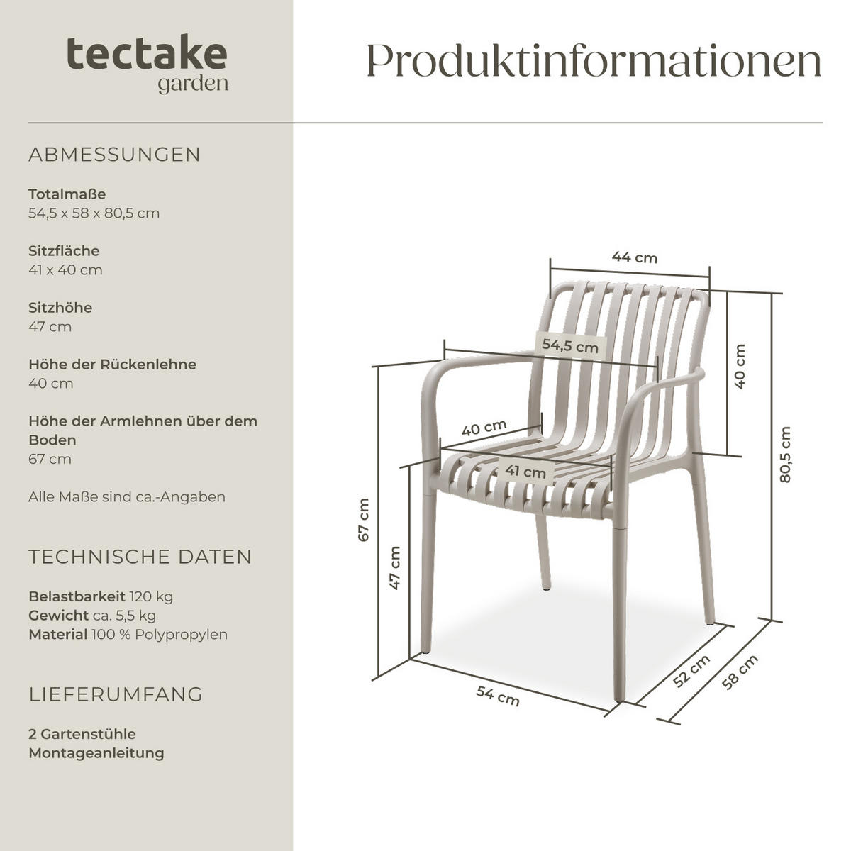 GARTENSTÜHLE Alcudia,54,5 x 58 x 80,5 cm, Belastbarkeit 120 kg,taupe - Taupe, Textil (54.5/80.5/58cm) - tectake