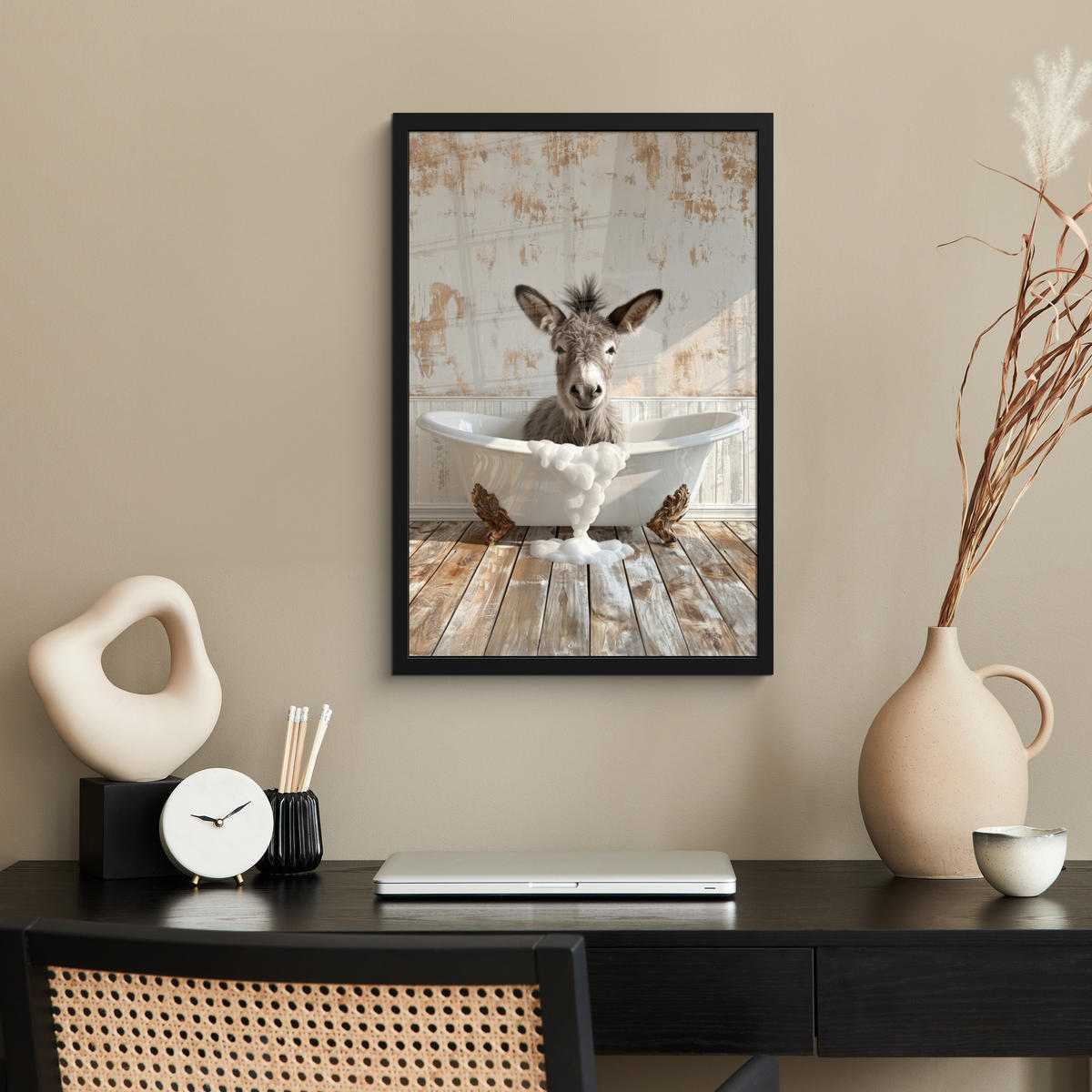 GERAHMTES BILD Esel - Tiere - Badewanne - Schaumstoff 40x60 cm - Weiß, Papier (40/60cm) - MuchoWow