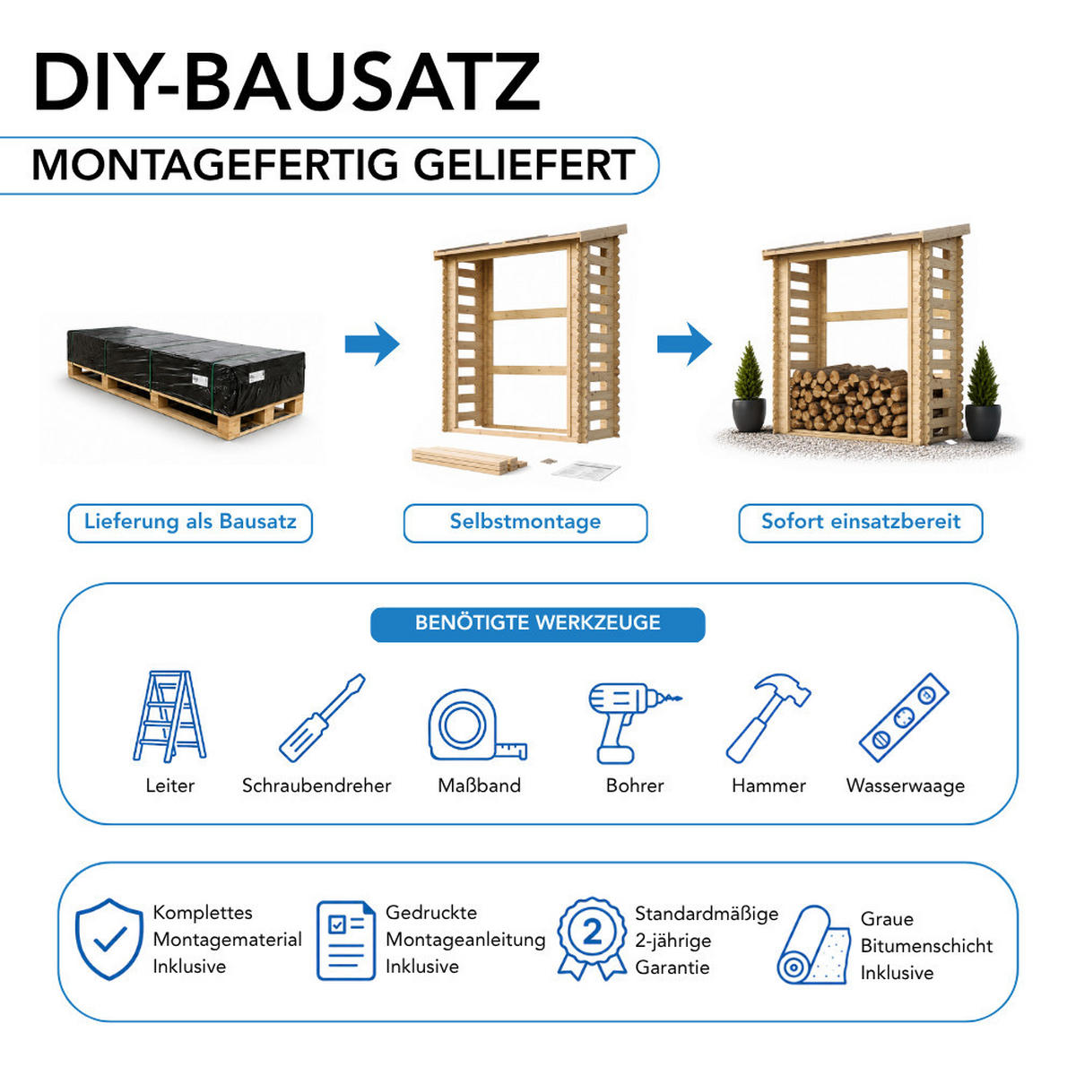 KAMINHOLZREGAL aus Holz 0,97 m², Brennholzunterstand mit Pultdach, ca. 1,75 m³ Brennholzkapazität, 184 x 86 x 200 cm (B x T x H) - Naturfarben, Holz (184/200/86cm) - Timbela