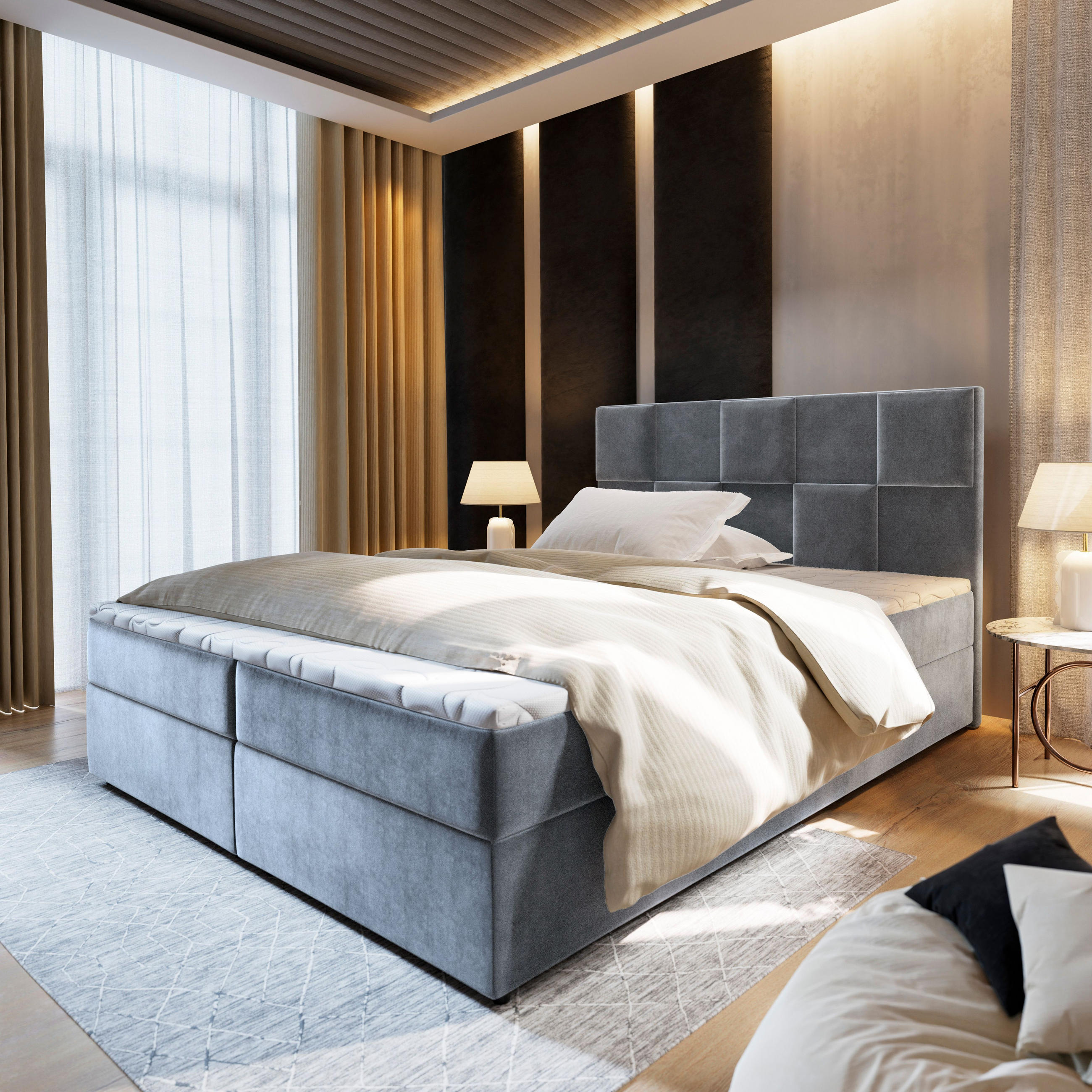 BOXBETT PRATA 180x200 cm mit Matratze und Topper - Hellgrau - Hellgrau, Holz (180/200cm) - MASSENO