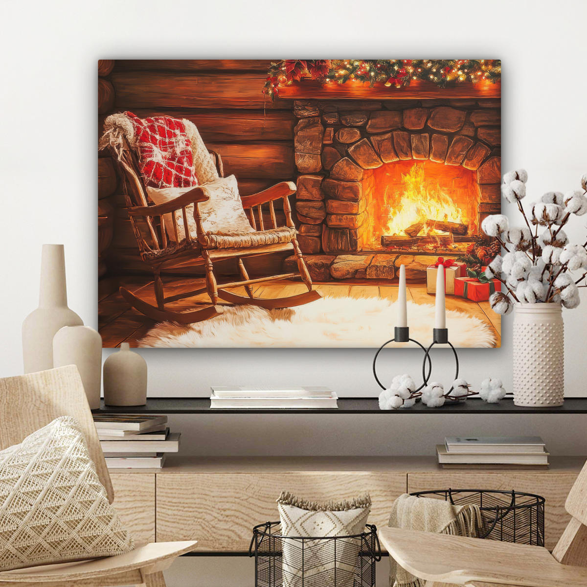 LEINWANDBILD Winter - Weihnachten - Zuhause - Kamin Wandbilder 80x60 cm - Bernsteinfarben, Textil (80/60cm) - MuchoWow