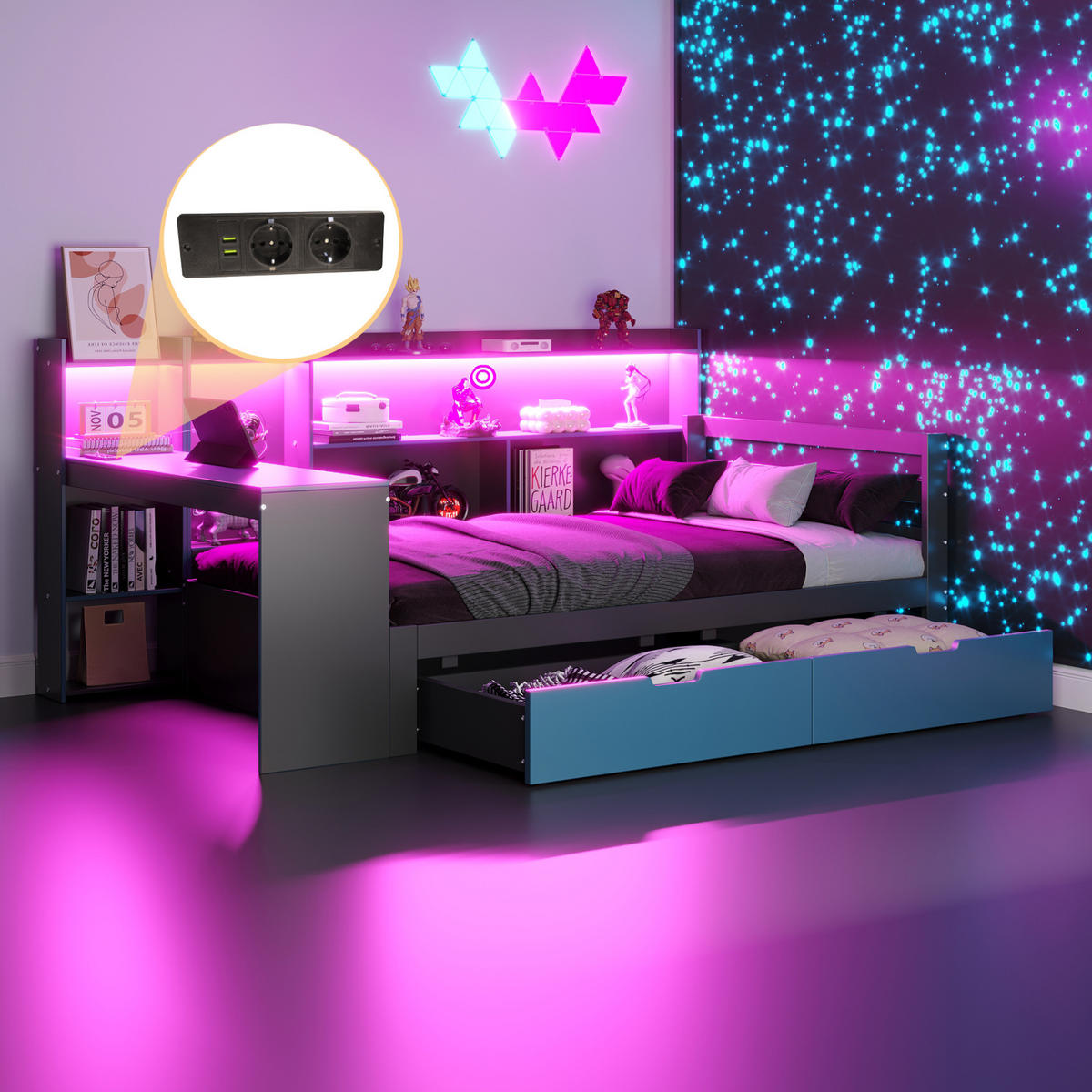 POLSTERBETT 90/200 cm mit Schreibtisch, Regalen, LED und USB-Steckdosen, Schwarz/Blau - Schwarz, Holzwerkstoff (90/200cm) - Redom