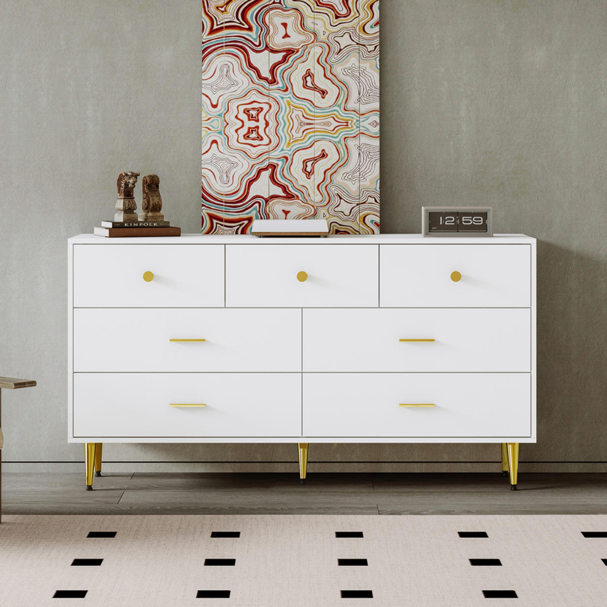 SIDEBOARD mit 7 Schubladen, mit goldenen Griffen und goldenen Beinen, 140/35/76 cm, Weiß - Weiß, Holzwerkstoff (140/76/35cm) - Redom