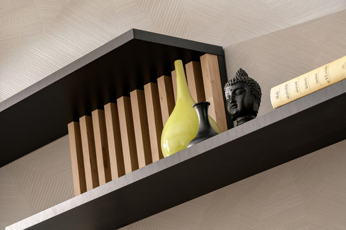 WOHNWAND schwarz, Eiche Jackson 353 cm, Schrankwand mit Push-top-Open und Beleuchtung - Eichefarben/Schwarz, Glas/Holzwerkstoff (340/192/45cm) - Furn.Design