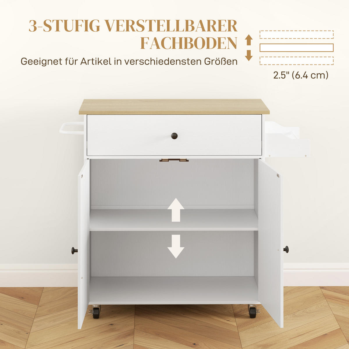 KÜCHENINSEL Küchenwagen auf Rollen mit Klappbar Arbeitsplatte, Schublade Weiß - Schwarz/Weiß, Holz/Holzwerkstoff (42/87/106cm) - HOMCOM