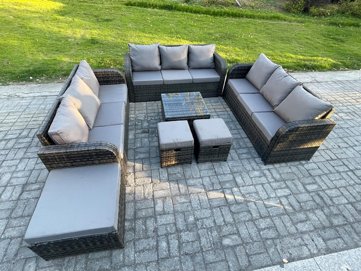 GARTENMÖBELGARNITUR mit KISSEN Polyrattan Dunkelgrau 12-Sitzer - Dunkelgrau/Grau, Glas/Kunststoff - Fimous