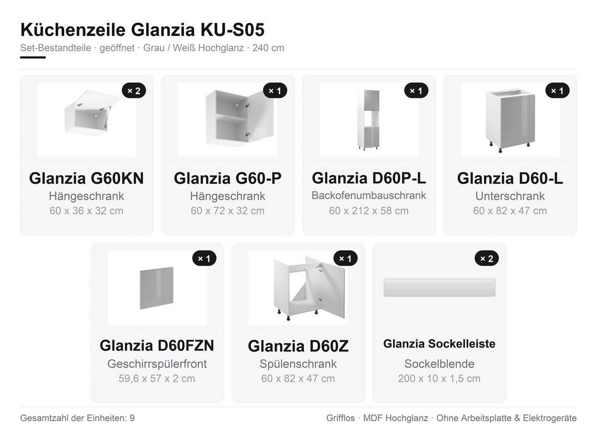KÜCHENZEILE 240 cm Glanzia – KU-S05 – Grau / Weiß – Hochglanz - Grau, Holzwerkstoff (240/212/58cm) - hi-markt