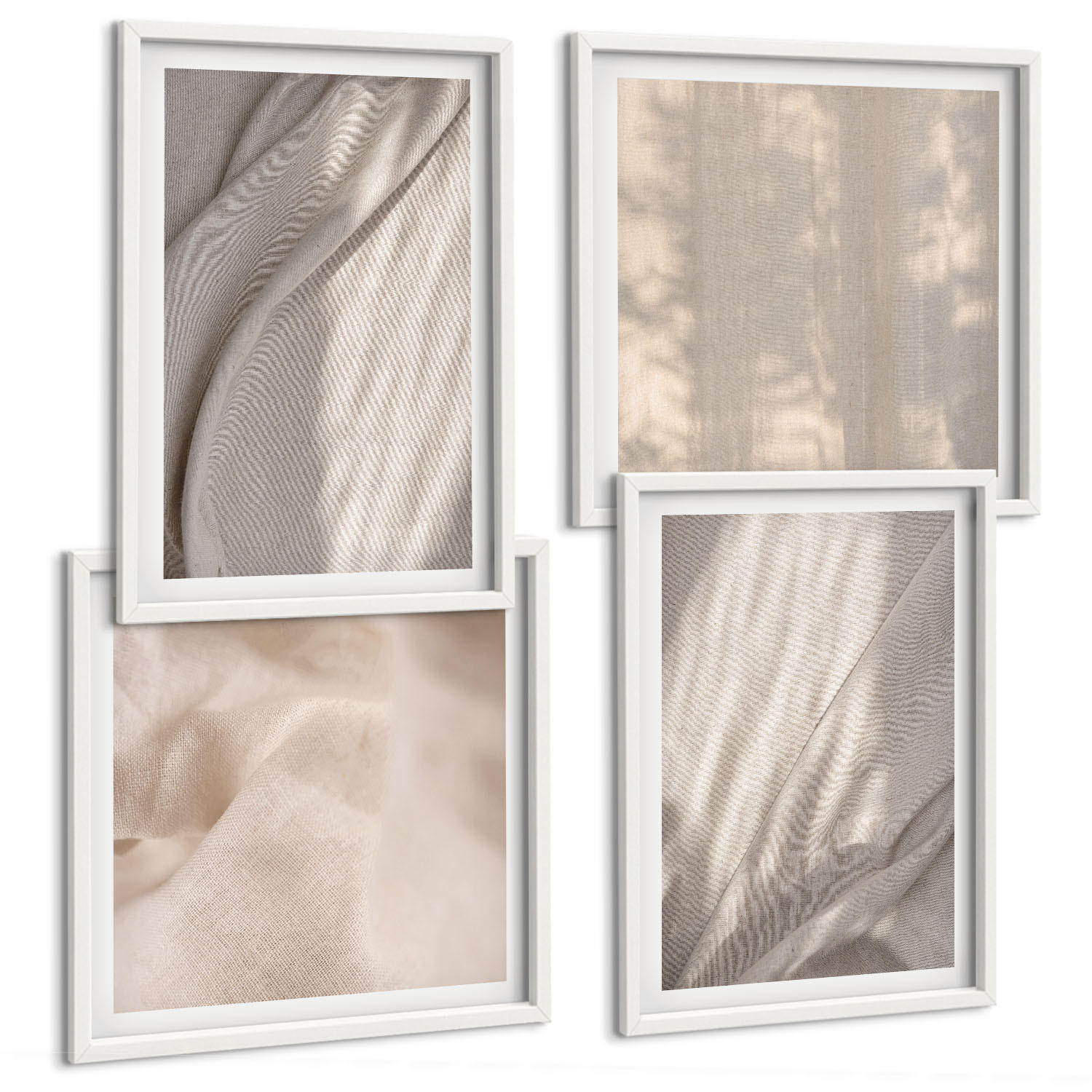 BILDER SET 4er Set - 50x50 cm & 40x60 cm Weißer Rahmen - Nahaufnahme von natürlichen Boho-Stoffen - Weiß, Kunststoff (50/50cm) - TULUP