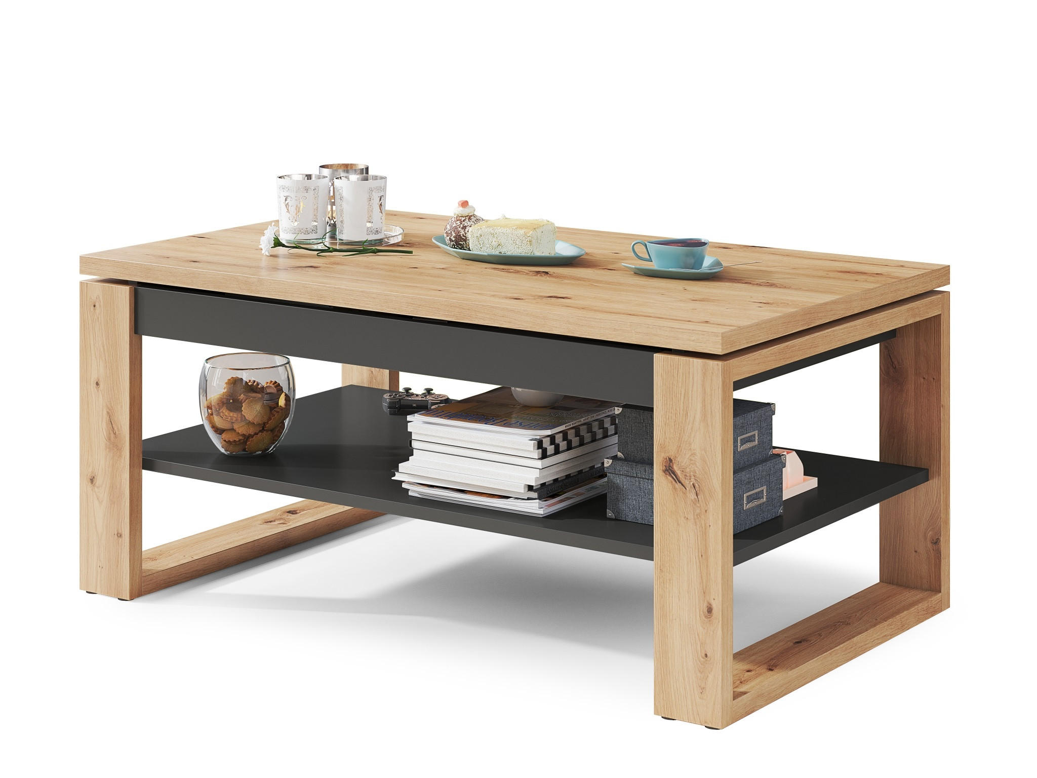 COUCHTISCH rechteckig Eiche Artisan Anthrazit aufklappbar 110/65/50 cm - Anthrazit/Eiche Artisan, Holzwerkstoff (65/110/50cm) - designimpex