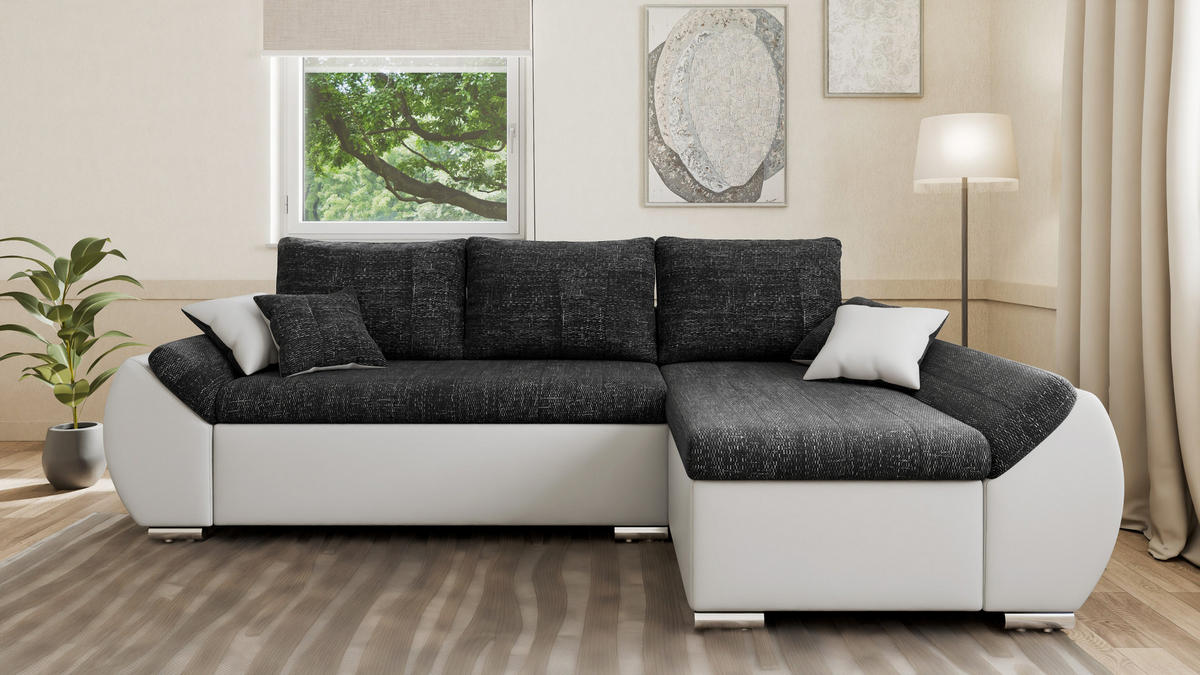 ECKSOFA - ALEX – Schwarz + Weiß (Lawa 06 + Soft 17) - Rechts - Schwarz, Holzwerkstoff/Metall (275/155cm) - Möblo