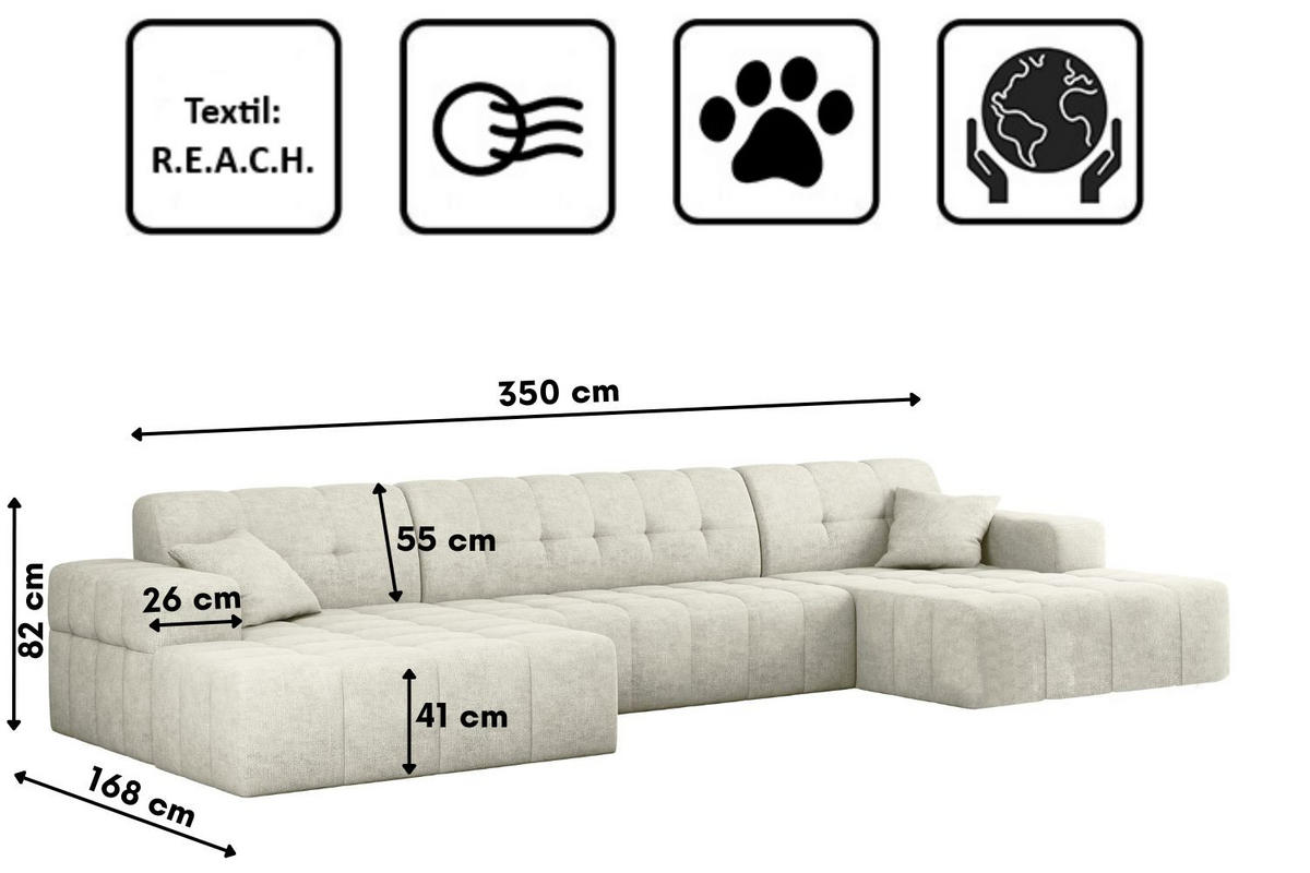 ECKSOFA U-form NIMES Stoff Perfect Harmony Creme - Creme, Holz/Kunststoff (168/350cm) - Kaiser Möbel