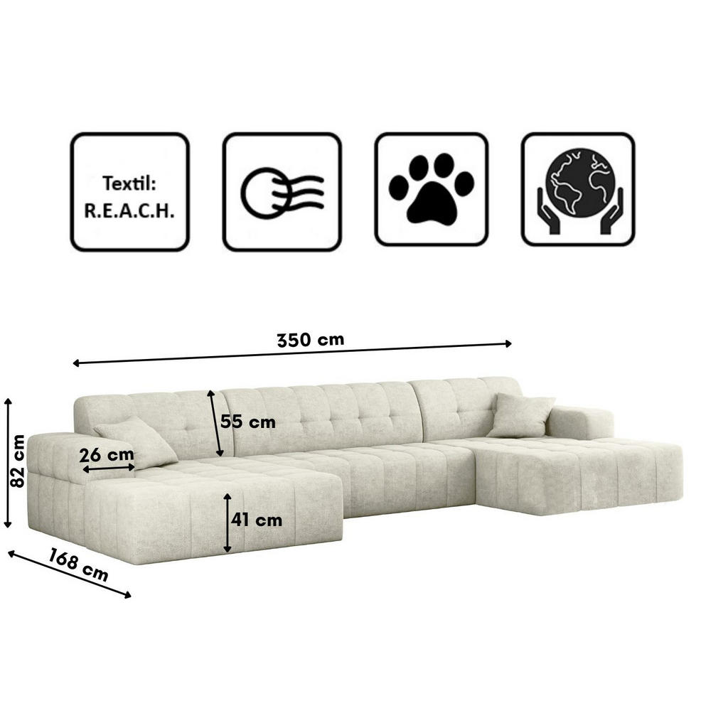 Thumbnail - Kaiser Möbel Ecksofa, Creme, Textil, 6-Sitzer, Füllung: Komfortschaum, U-Form, 350x168 cm, Wohnzimmer, Sofas & Couches, ...