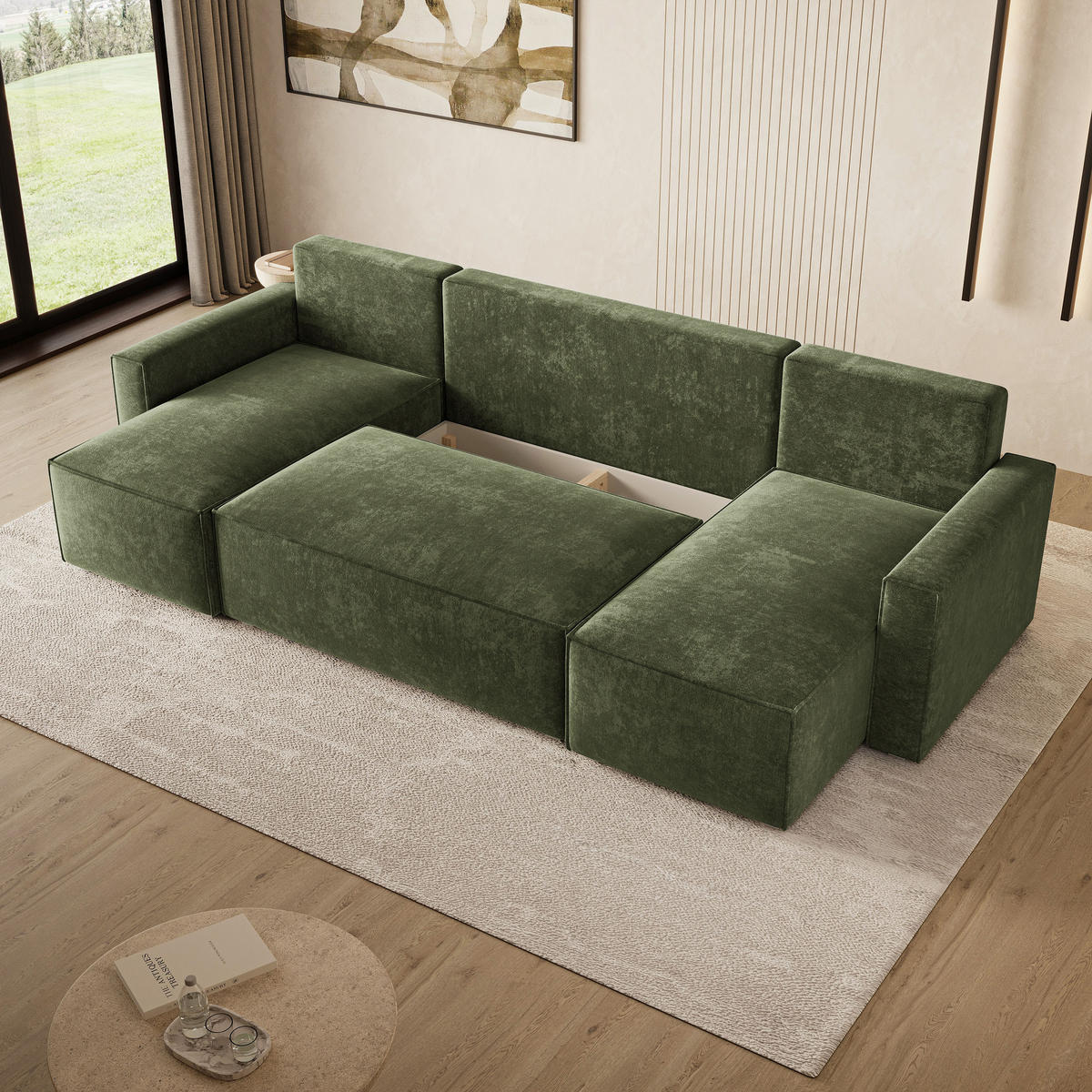 WOHNLANDSCHAFT ASPRA LM Grün Chenille mit Schlaffunktion - Grün, Holz (295/85/140cm) - MASSENO