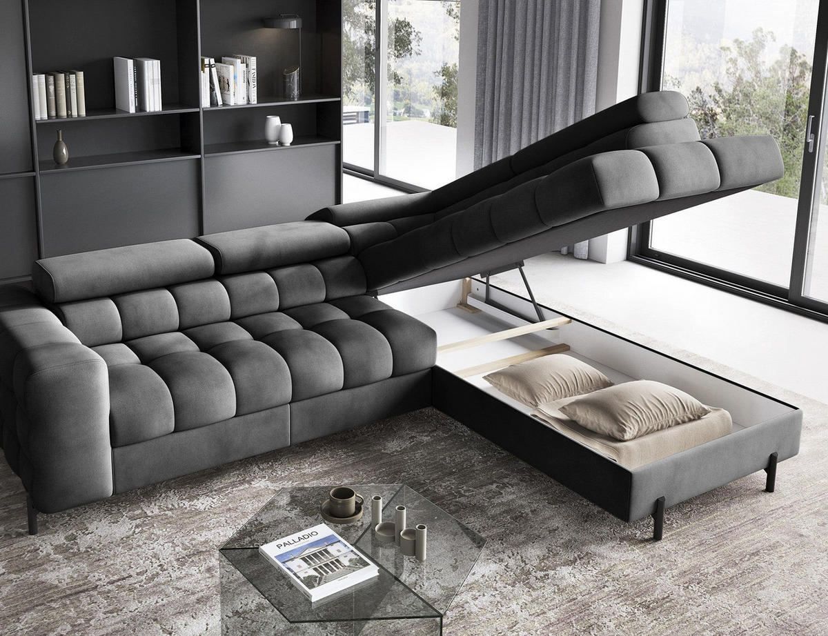 ECKSOFA FERUCCE L-Form – Polsterecke mit Schlaffunktion, Bettkasten & verstellbaren Kopfstützen 276 cm - Anthrazit, Kunststoff (276/200cm)