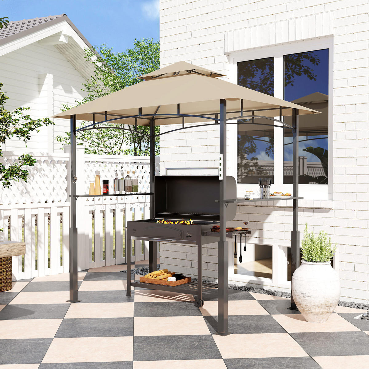 GRILLPAVILLON DE-12666 240/150/250 cm LED, 2 Regale, 8 Haken Kaki - Mokka, Metall (148/248/243cm) - ComfortXL
