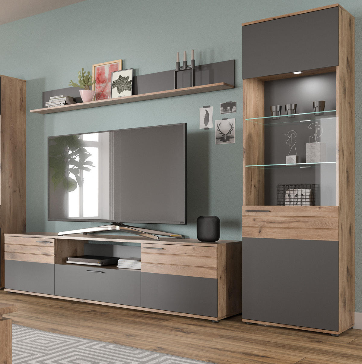 WOHNWAND Eiche, grau 3-teilig 266 cm, Schrankwand mit Soft-Close, Wohnzimmereinrichtung - Eichefarben/Schwarz, Holzwerkstoff/Kunststoff (266/200/47cm) - Inn.Furn