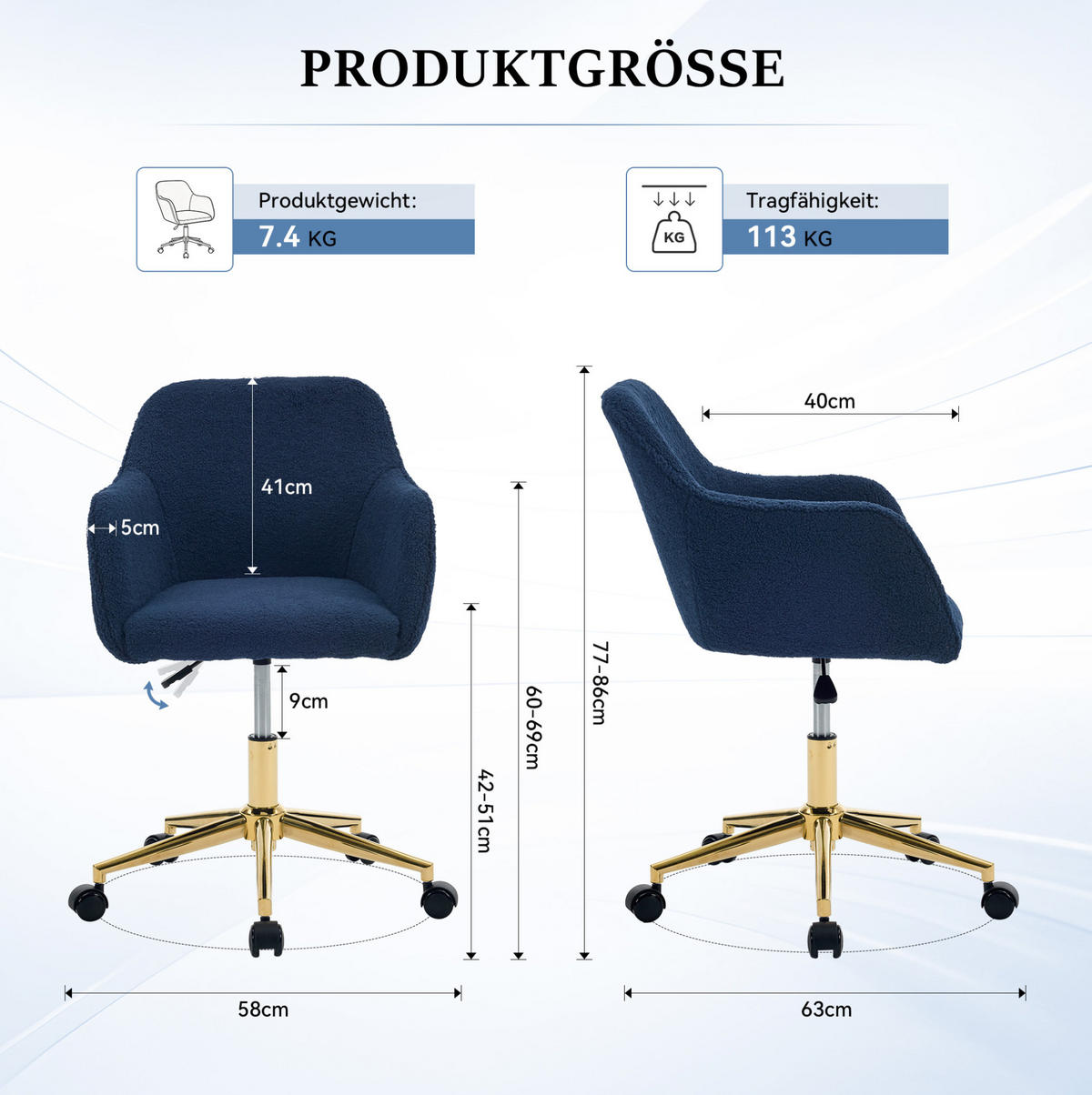DREHSTUHL 58/58/86 cm Dunkelblau aus Lammfell-Optik höhenverstellbar - Dunkelblau, Textil (58/86/58cm) - OKWISH