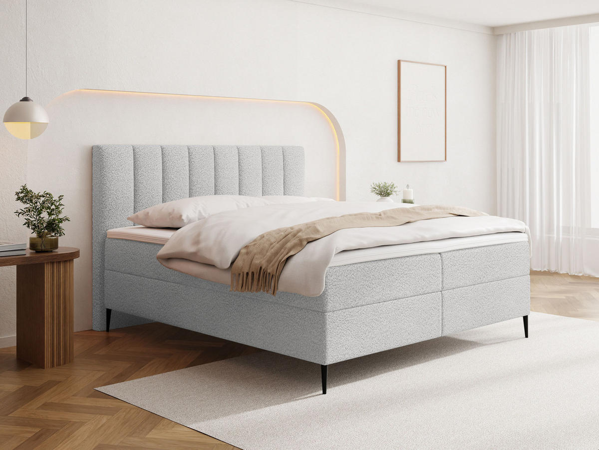 BOXBETT Allen mit Bettkasten, Boucle Grau 180x200 cm – inkl. H4 Taschenfederkern Matratze & Foam Topper - Hellgrau/Schwarz, Holzwerkstoff/Metall (180/200cm) - WFL GROUP