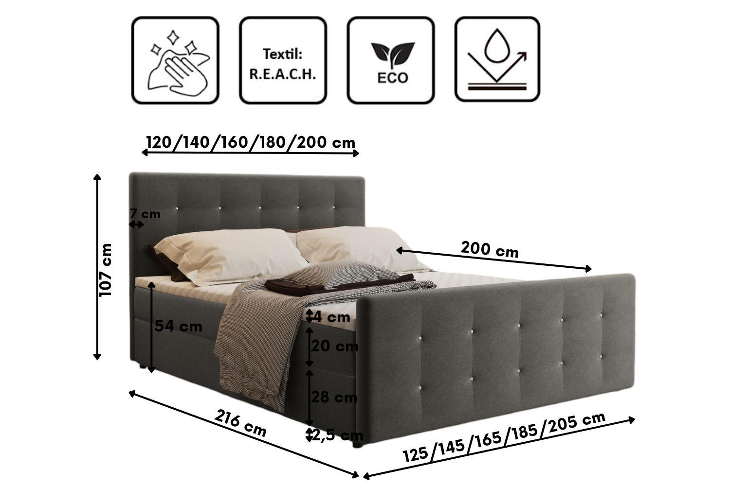 Thumbnail - Kaiser Möbel Boxbett, Graubraun, Textil, H3, Höhe ca. 20 cm, 180x200 cm, Oeko-Tex® Standard 100, Schlafzimmer, Betten, B...