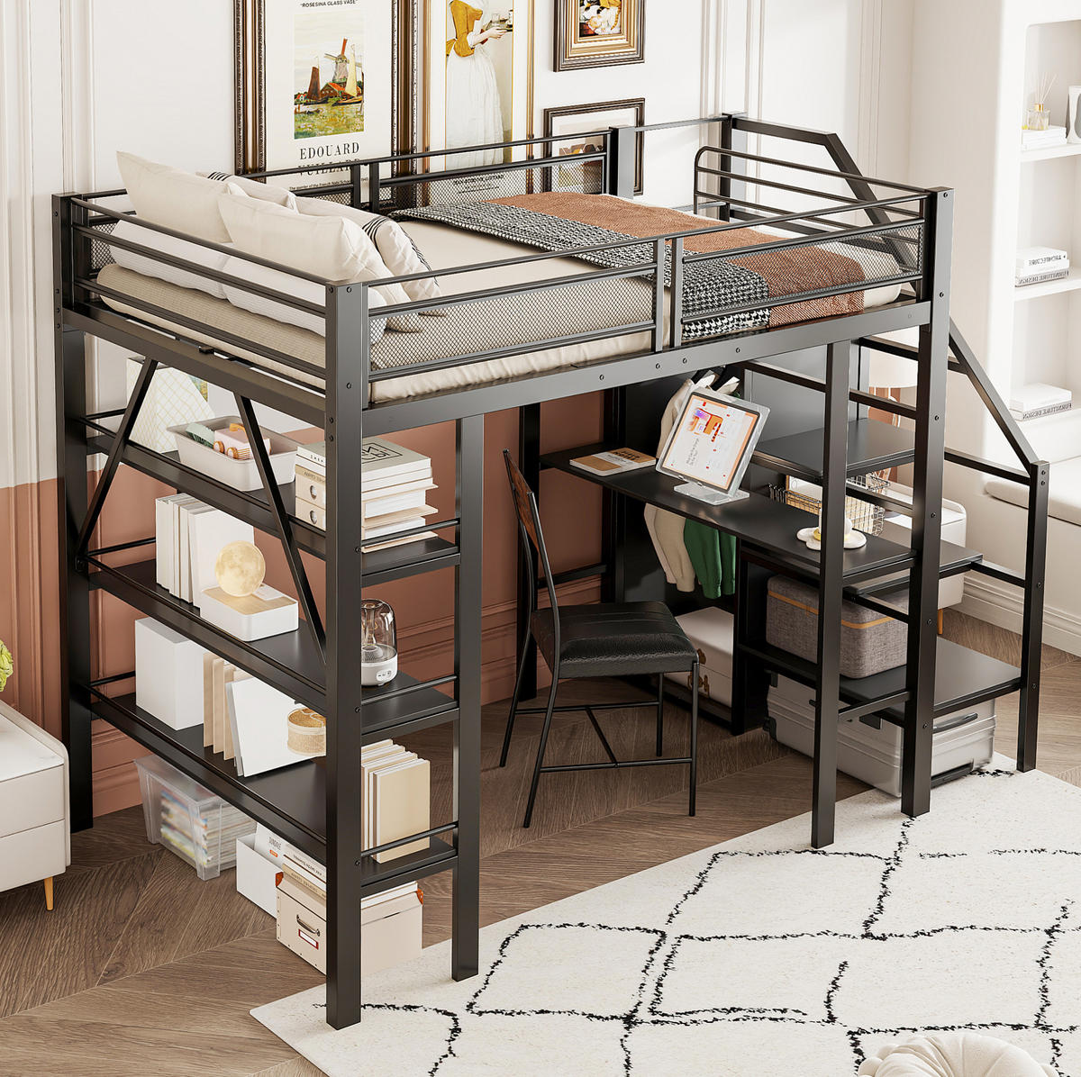 HOCHBETT 140/200 cm in Schwarz mit Schreibtisch, Regal und Kleiderschrank - Schwarz, Metall (140/200cm) - Flora Grace