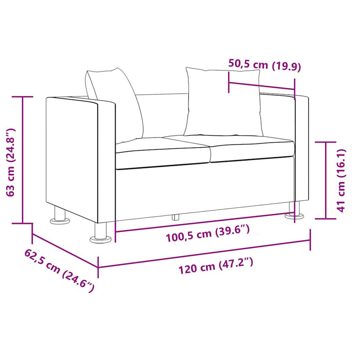 2-SITZER-SOFA mit 2 Kissen, 120/62,5/63 cm, aus Kunstleder, Schwarz - Schwarz, Leder (120/63/62.5cm) - vidaXL