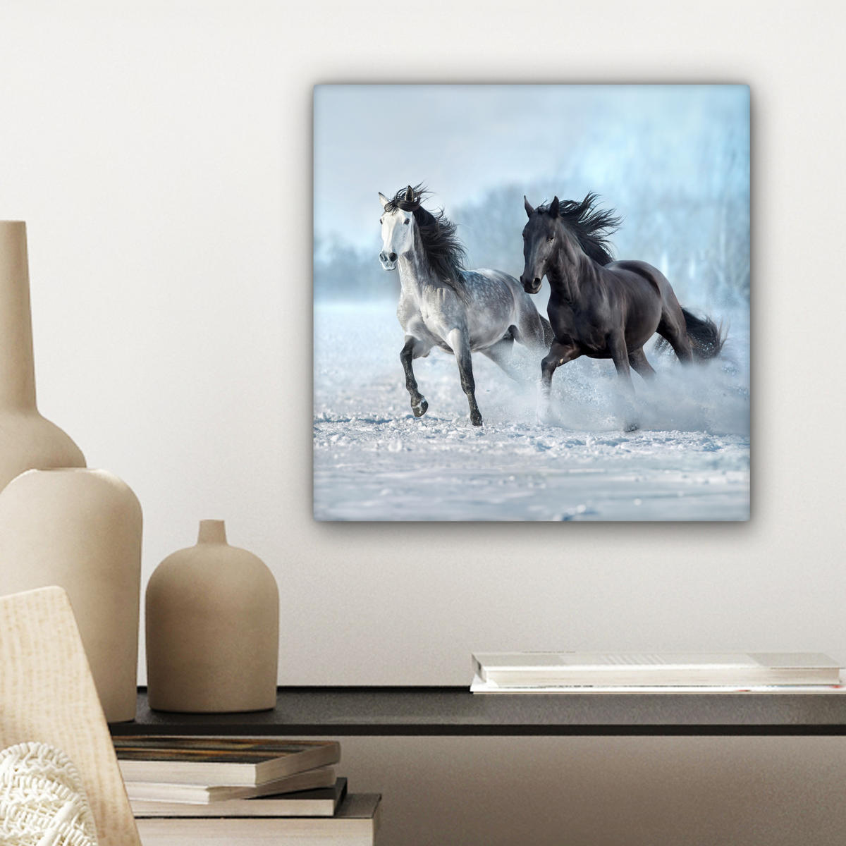 LEINWANDBILD Pferde - Winter - Tiere - Natur - Schnee Deko Wohnzimmer 20x20 cm - Anthrazit, Textil (20/20cm) - MuchoWow