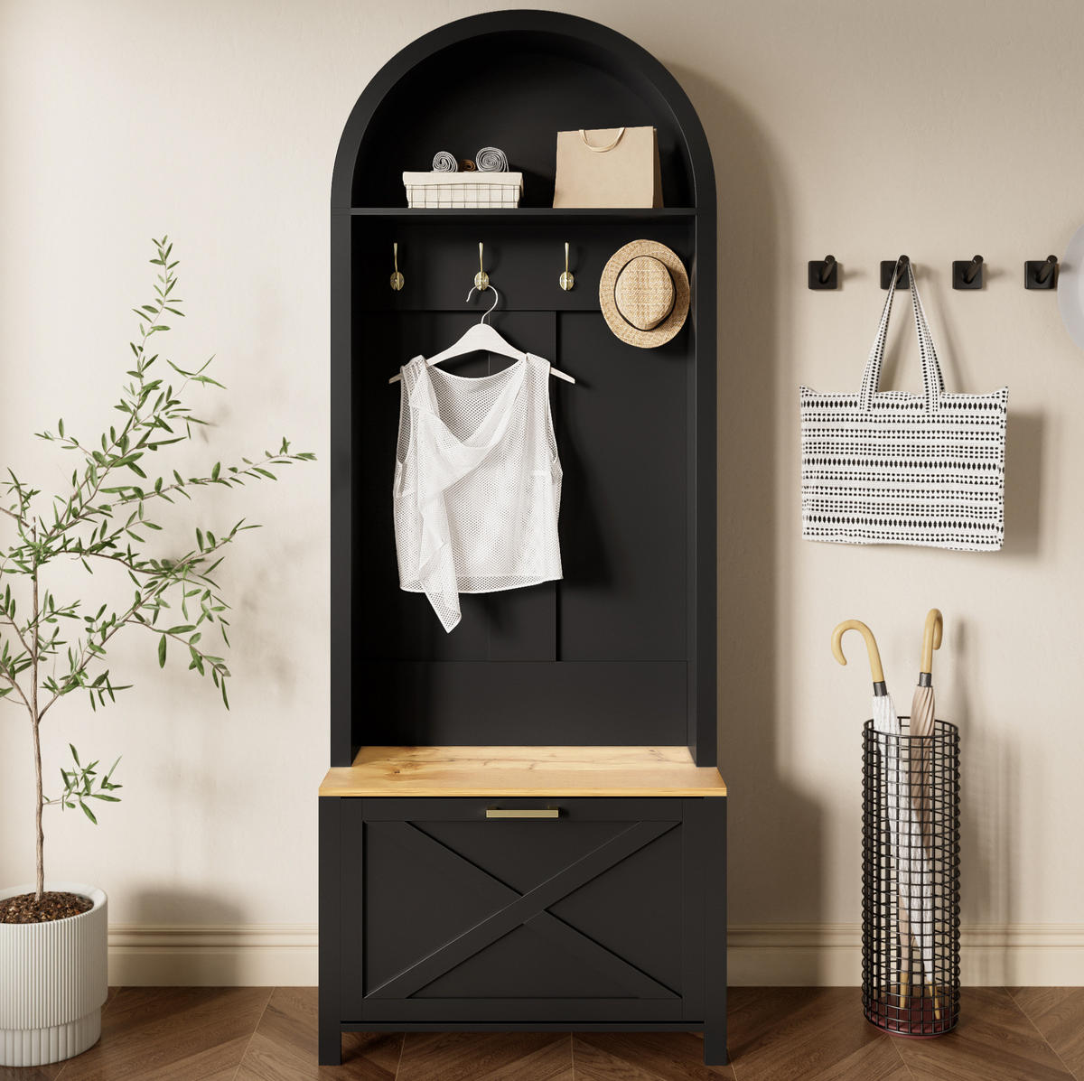 GARDEROBENSCHRANK 75/35/195 cm aus MDF mit Schuhfach und Haken Schwarz/Holzfarben - Schwarz, Holzwerkstoff (35/195/75cm) - Modenvie