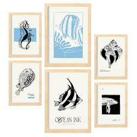 POSTER Set Mit 6 Schwarze Tintenmeermuster Größe A3 & A4 Rahmen aus hellem Holz - Beige, Papier (29.7/1cm) - Nacnic